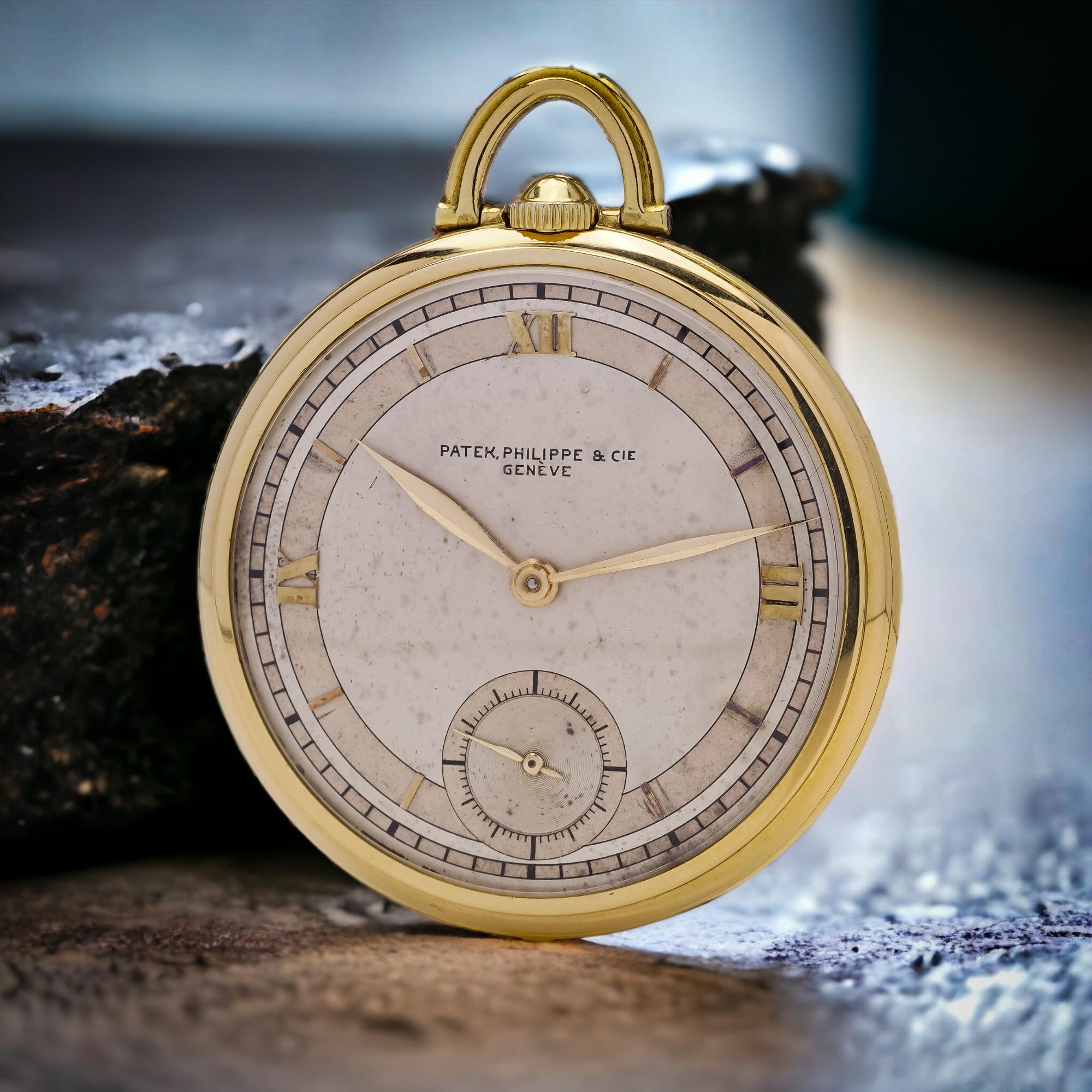 Patek Philippe Art Deco period  18kt. yellow gold open-face pocket watch.

Made in Switzerland, Circa 1930's 

Details:
Case diameter: 42 mm
Case shape: Round 
Movement: Manual wind, 18 jewels 
Case Material: 18kt gold 
Dial: Gold 
Numerals: Roman