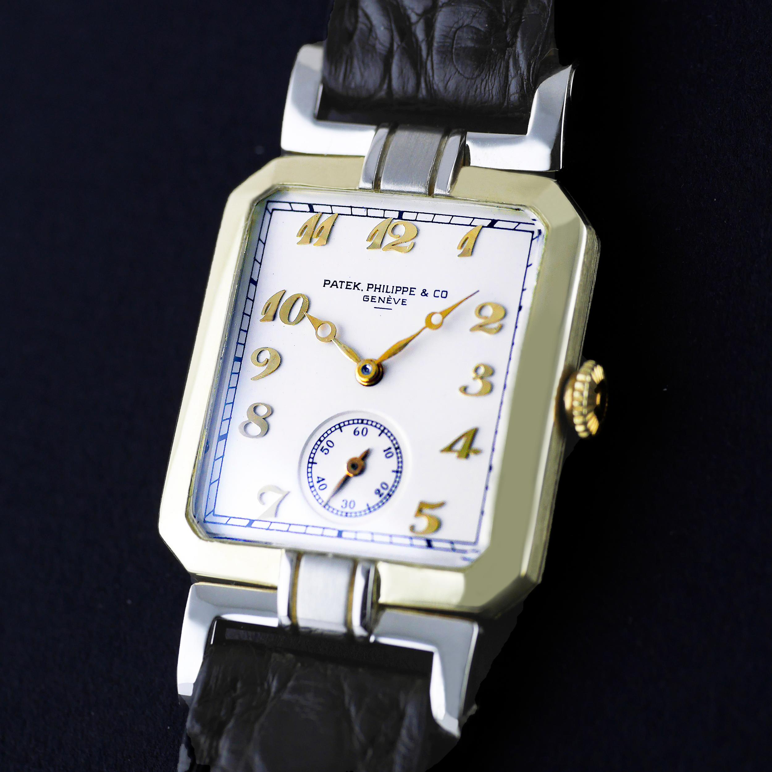 An elegant, fine and extremely rare vintage wristwatch by Patek Philippe made in 1927. Only 1 of 3 known pieces.

The 18 carat rectangular shaped case in yellow gold with white gold articulated fancy lugs.

Jewelled, round, Patek Philippe 9’’