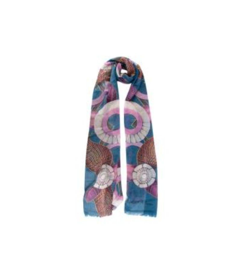 Patek Philippe Blue & Purple Circle & Leaf Print Cashmere Stole

- Soft woven cashmere scarf with purple, blue and white watch like print with leaves
- Logo in one corner
- Lightweight woven fabric with hand frayed ends 
- Hand sewn hems 
- Comes in