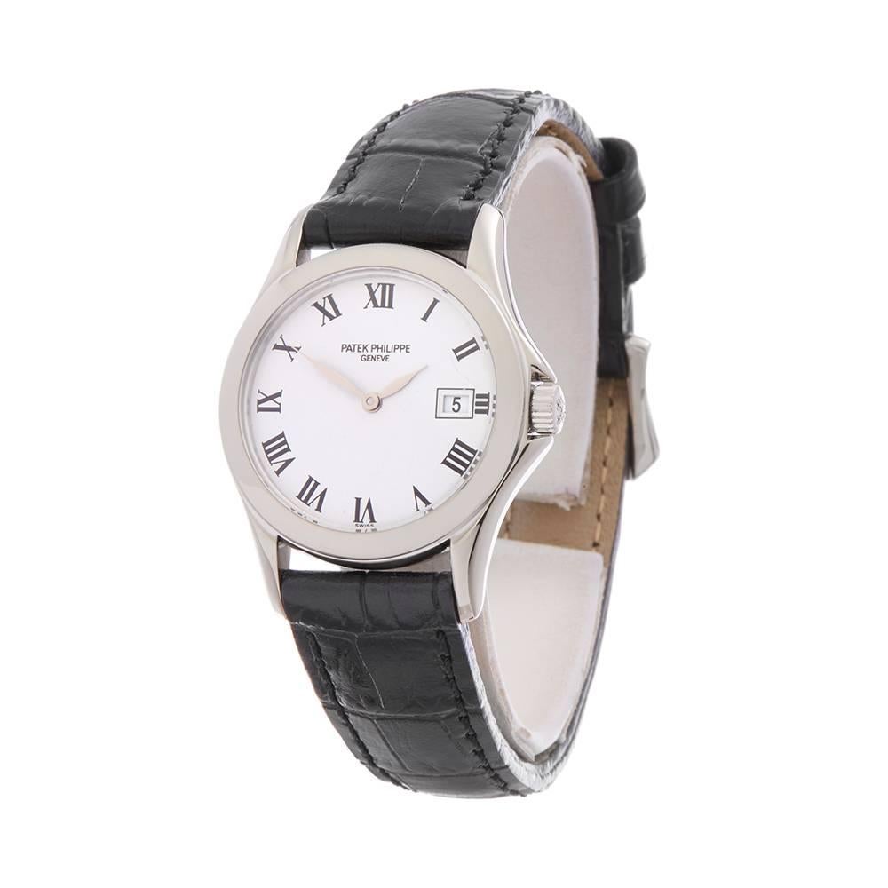 Ref: W4986
Manufacturer: Patek Philippe
Model: Calatrava
Model Ref: 4906G
Age: Circa 2000's
Gender: Ladies
Complete With: Xupes Presention Box
Dial: White Roman 
Glass: Sapphire Crystal
Movement: Quartz
Water Resistance: To Manufacturers