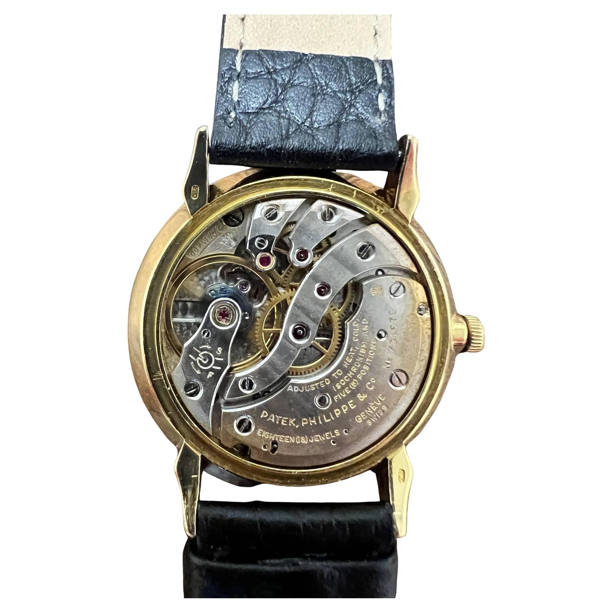 Patek Philippe Calatrava 18 Karat Yellow Gold Reference 3420 Vintage Watch Circa 1960
Reference: 3420
Serial: 428591
Metal: 18k yellow gold
Strap: New Spidel black leather (not original) 
Movement: Mechanical manual wind
Case size: 34mm
Dial: Silver