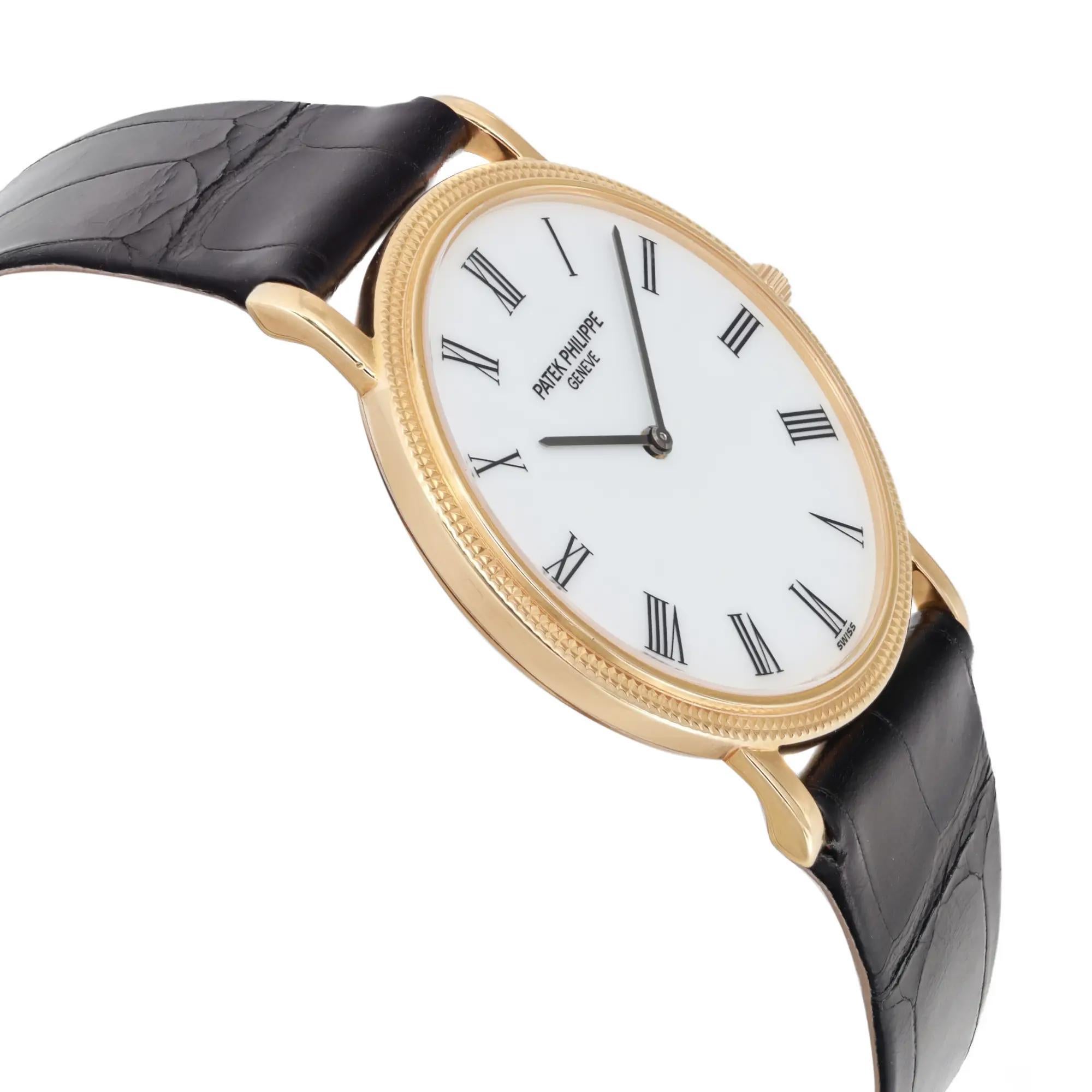 Women's or Men's Patek Philippe Calatrava 18K Gold White Porcelain Dial Manual Wind Watch 3520D For Sale