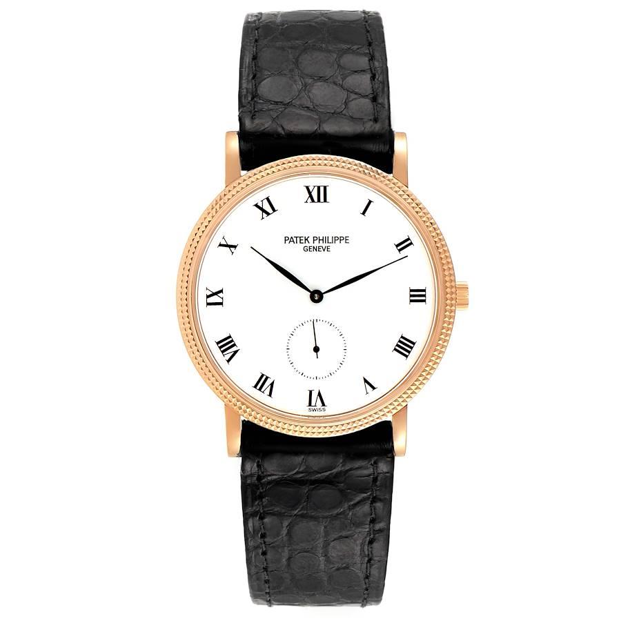 Patek Philippe Calatrava 18k Rose Gold Black Strap Mens Watch 3919. Manual winding movement. Rhodium plated, fausses cotes decoration, straight-line lever escapement, Gyromax balance adjusted to heat, cold, isochronism and 5 positions, shock