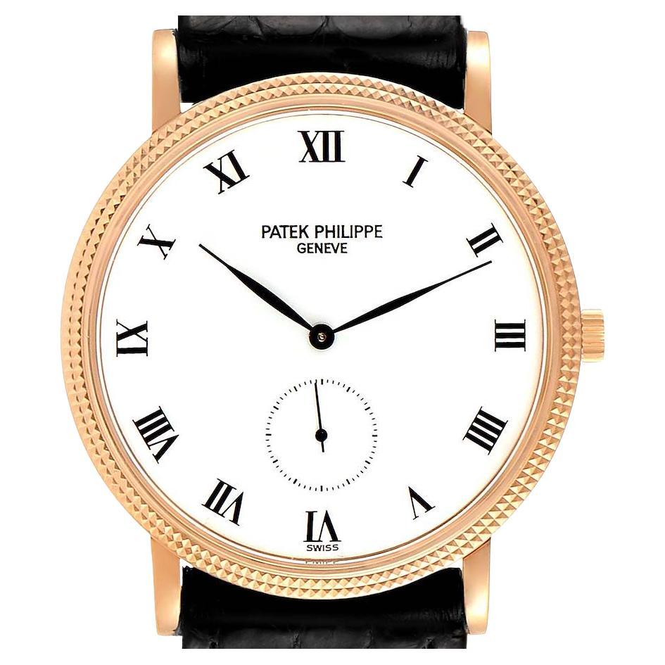 Patek Philippe Calatrava 18k Rose Gold Black Strap Mens Watch 3919 For Sale