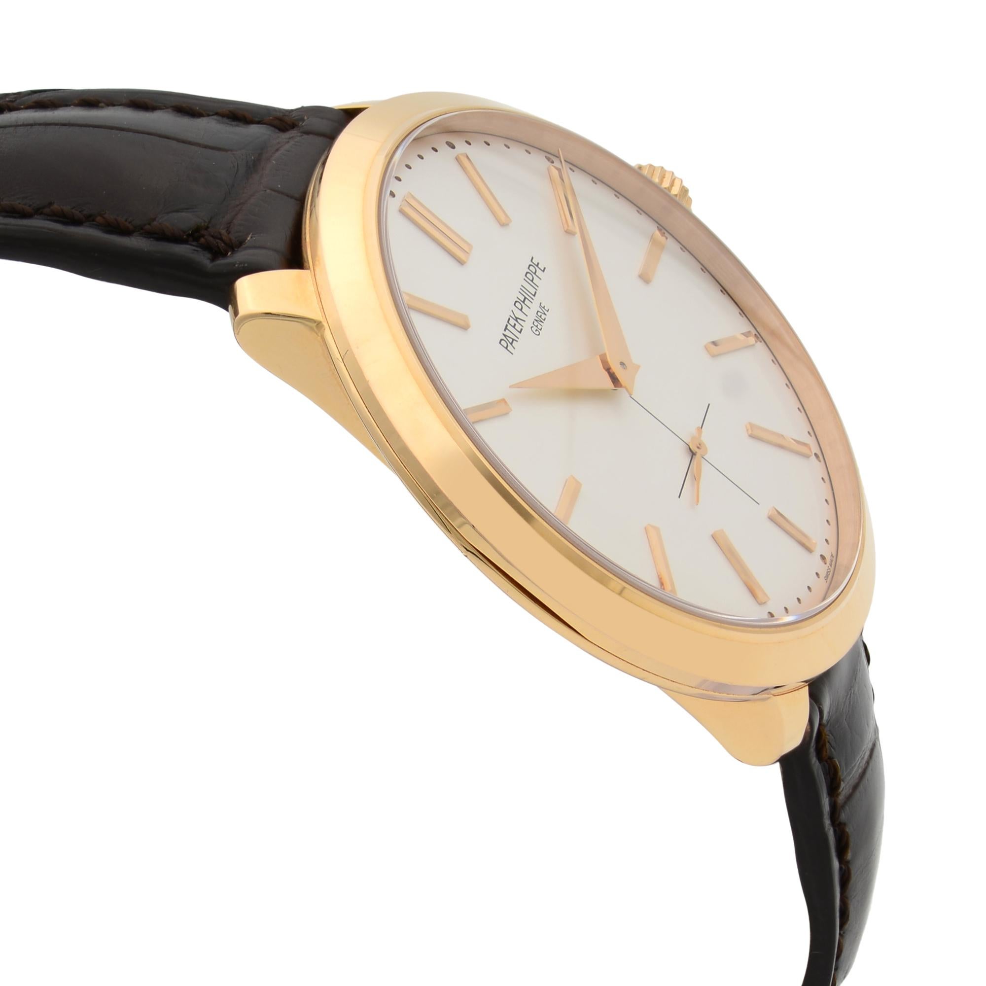 Patek Philippe Calatrava 18k Rose Gold Silver Dial Hand Wind Men Watch 5123R-001 In Excellent Condition In New York, NY