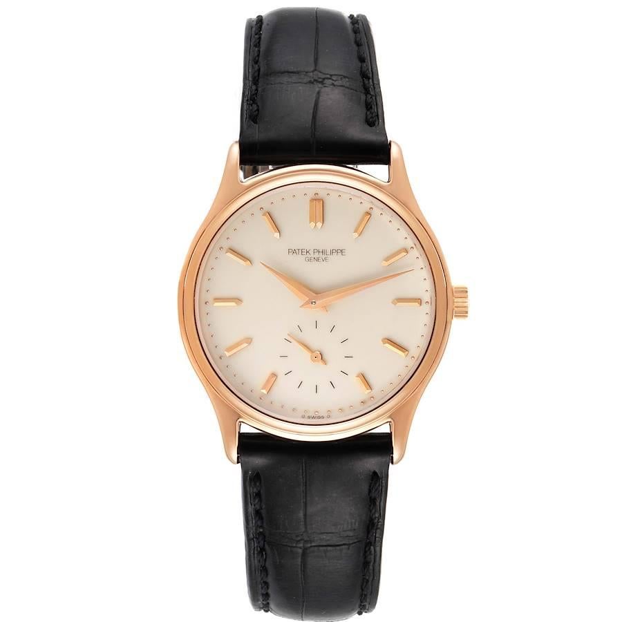 Patek Philippe Calatrava 18k Rose Gold Silver Dial Mens Watch 3923. Manual-winding movement. Rhodium plated fausses cotes decoration, straight line lever escapement, shock absorber, Gyromax balance adjusted to heat, cold, isochronism and to five