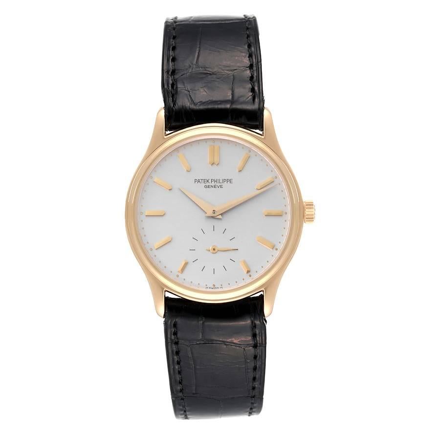Patek Philippe Calatrava 18k Rose Gold Silver Dial Mens Watch 3923 Papers. Manual-winding movement. Rhodium plated fausses cotes decoration, straightline lever escapement, shock absorber, Gyromax balance adjusted to heat, cold, isochronism and to
