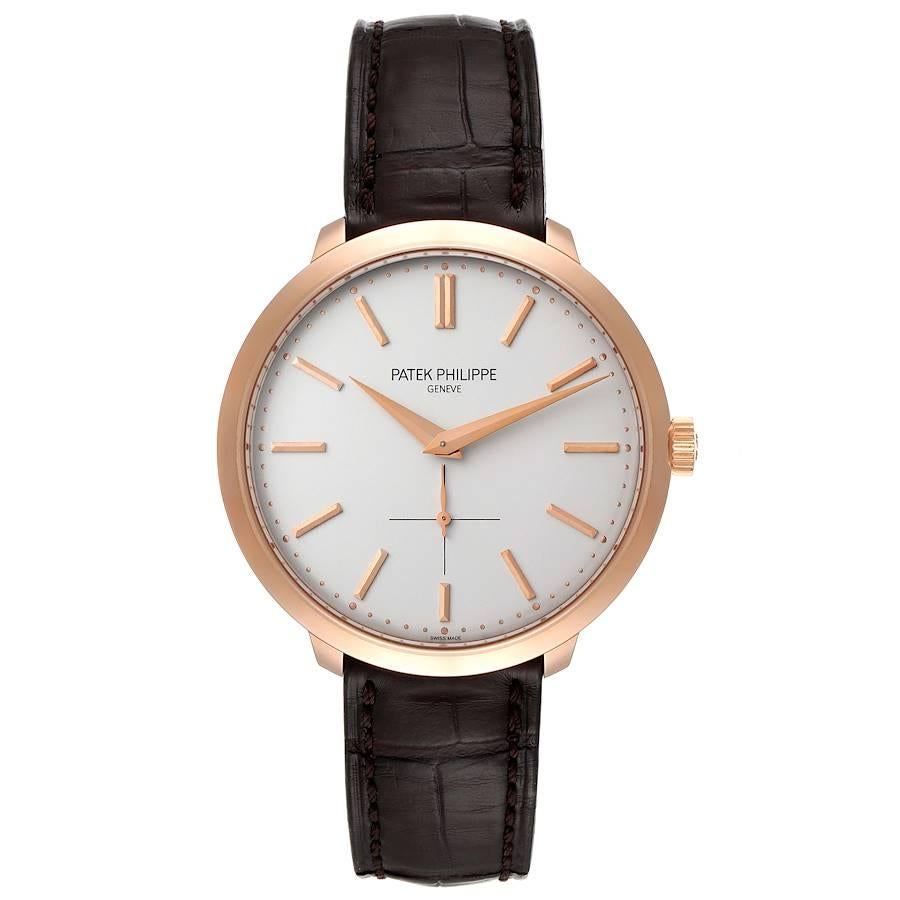 Patek Philippe Calatrava 18K Rose Gold Silver Dial Mens Watch 5123R. Manual-winding movement. Rhodium-plated, fausses cotes decoration, straight-line lever escapement, Gyromax balance adjusted to heat, cold, isochronism and 5 positions, shock