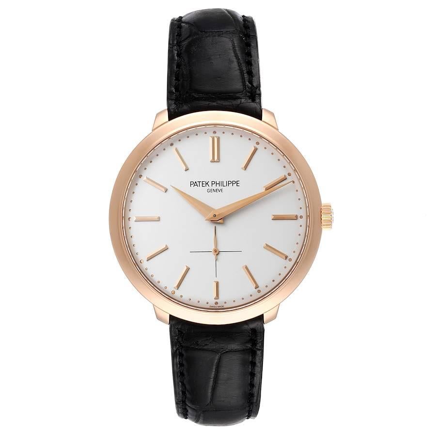 Patek Philippe Calatrava 18K Rose Gold Silver Dial Mens Watch 5123R. Manual-winding movement. Rhodium-plated, fausses cotes decoration, straight-line lever escapement, Gyromax balance adjusted to heat, cold, isochronism and 5 positions, shock