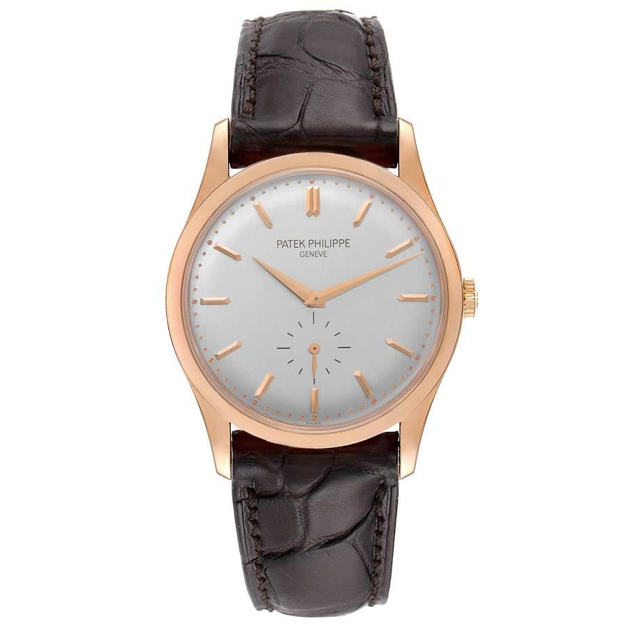 Patek Philippe Calatrava 18k Rose Gold Silver Dial Mens Watch 5196. Manual-winding movement. Rhodium-plated, fausses cotes decoration, straight-line lever escapement, Gyromax balance adjusted to heat, cold, isochronism and 5 positions, shock