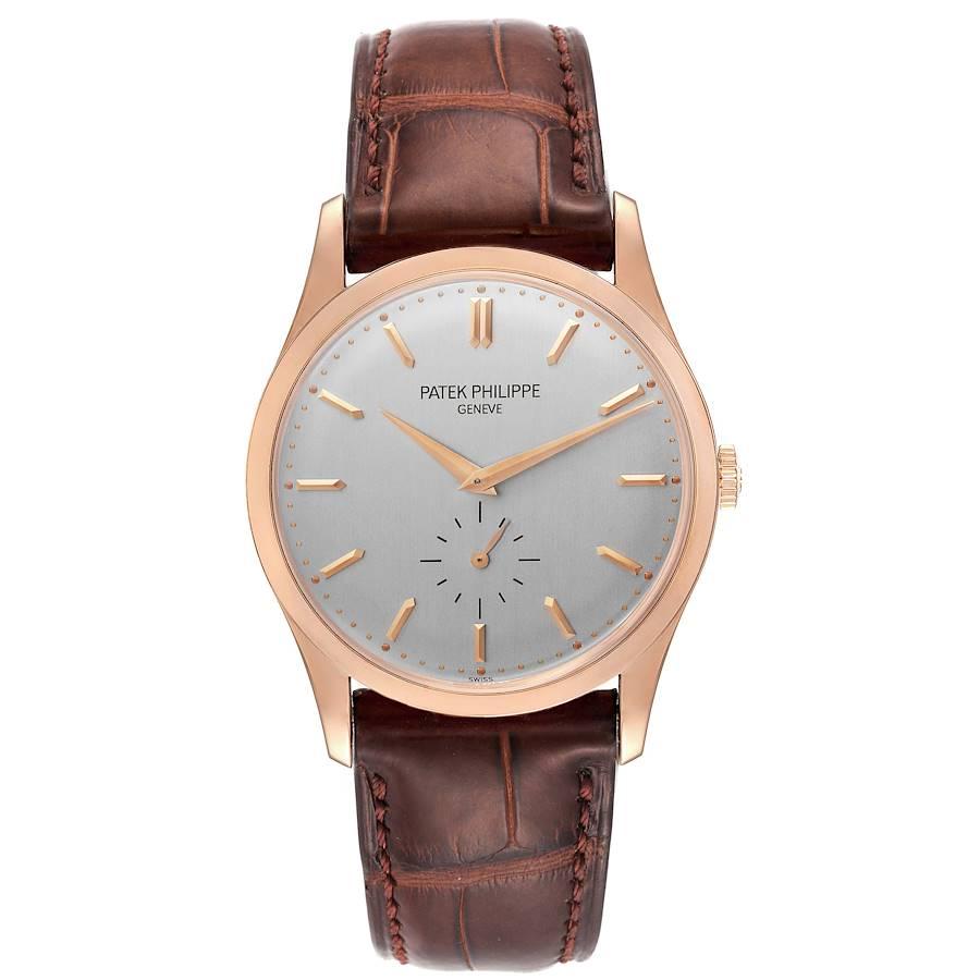 Patek Philippe Calatrava 18k Rose Gold Silver Dial Mens Watch 5196. Manual-winding movement. Rhodium-plated, fausses cotes decoration, straight-line lever escapement, Gyromax balance adjusted to heat, cold, isochronism and 5 positions, shock