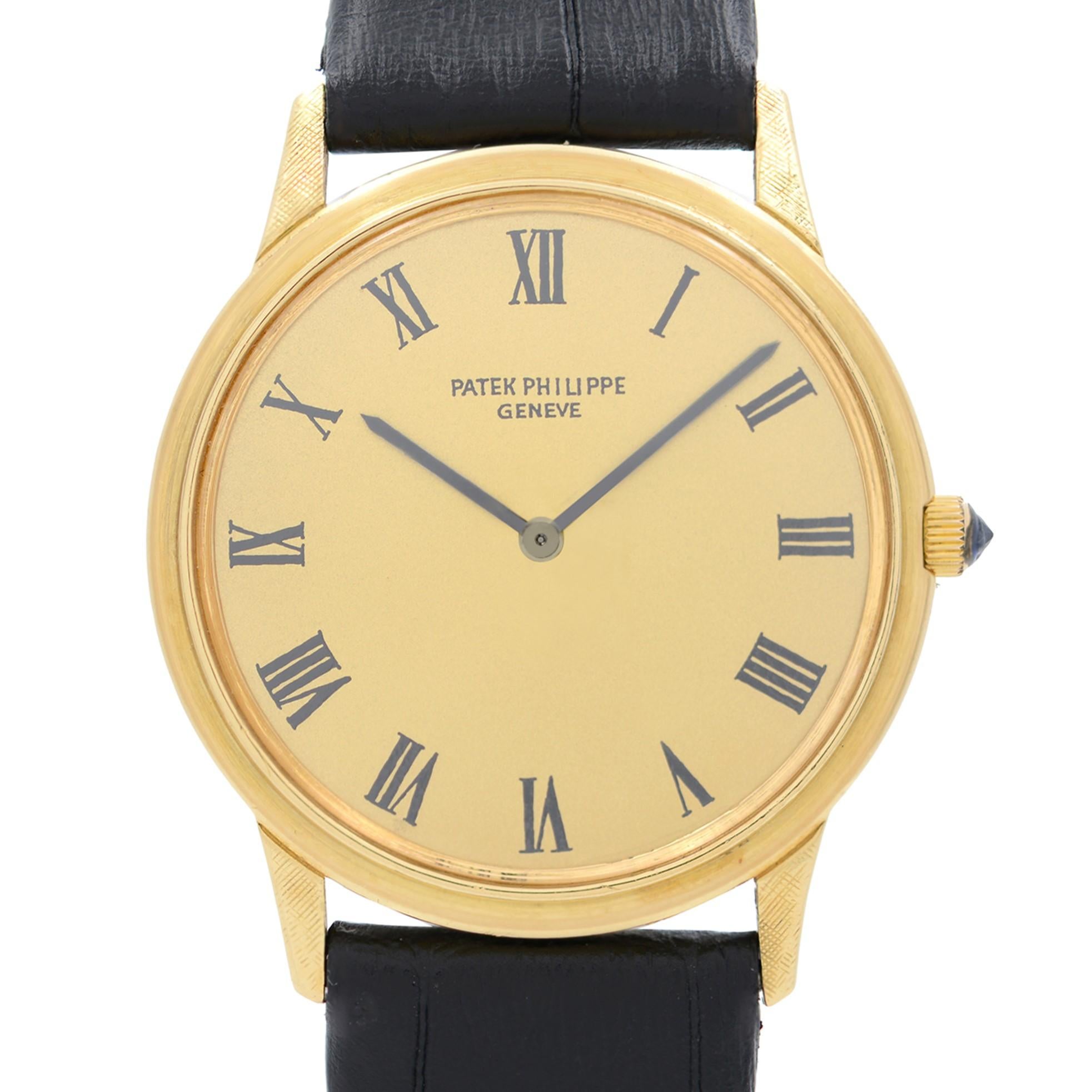 Pre-owned Vintage Patek Philippe Calatrava 33mm 18k Solid Gold Champagne Roman Dial Manual Winding Men's Watch 3591. Watch have refinished Dial. This Watch Has an Aftermarket Band and buckle. The Case and Bezel of this Beautiful Timepiece Show