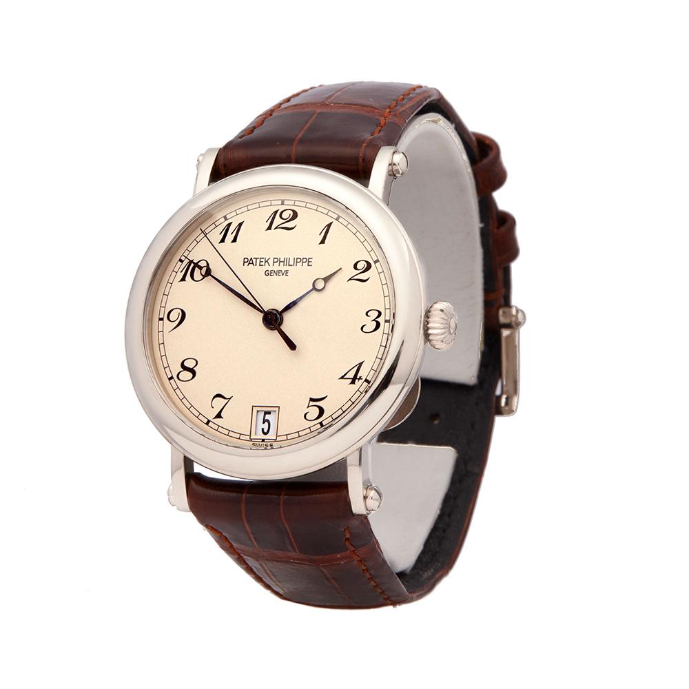Reference: W5759
Manufacturer: Patek Philippe
Model: Calatrava
Model Reference: 5053
Age: Circa 2000's
Gender: Men's
Box and Papers: Presentation Box and Archive Extract
Dial: Cream Arabic
Glass: Sapphire Crystal
Movement: Automatic
Water