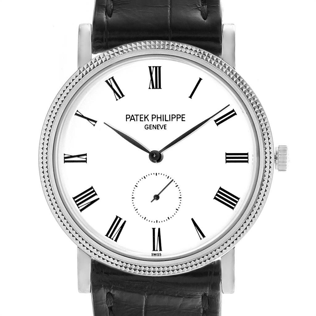 Patek Philippe Calatrava 18k White Gold Automatic Mens Watch 5119. Automatic self-winding movement. 18k white gold case 36.0 mm in diameter. Case thickness -- 6.5 mm. Exhibition case back. 18k white gold hobnail bezel. Scratch resistant sapphire