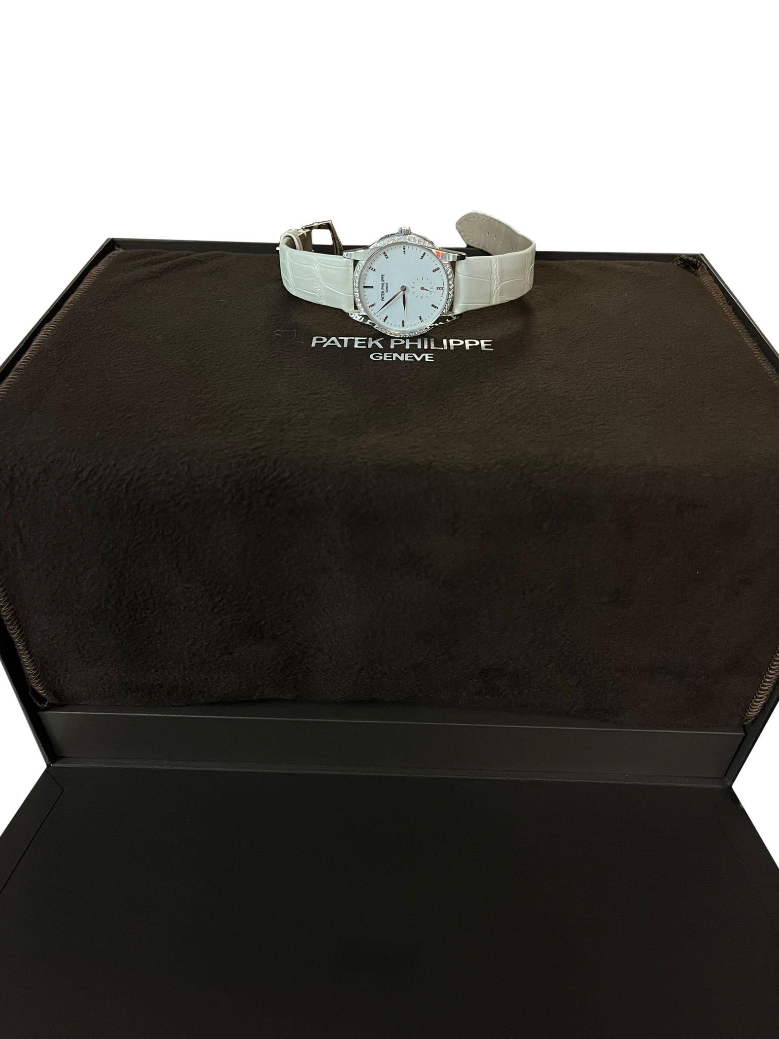 Modernist Patek Philippe Calatrava 18K White Gold Diamond Bezel Ladies Watch 7122/200G-001 For Sale
