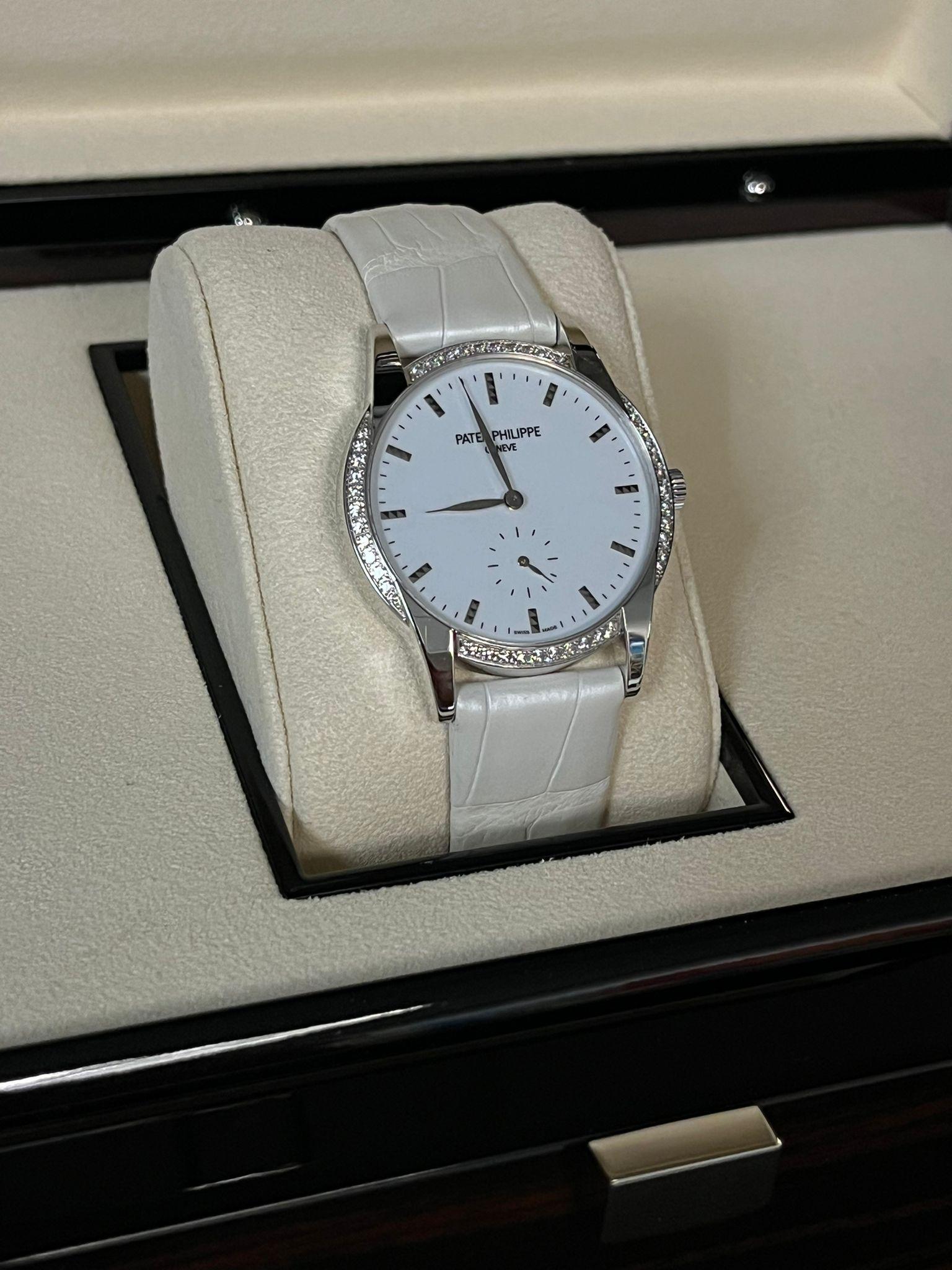 Patek Philippe Calatrava 18K White Gold Diamond Bezel Ladies Watch 7122/200G-001 For Sale 3