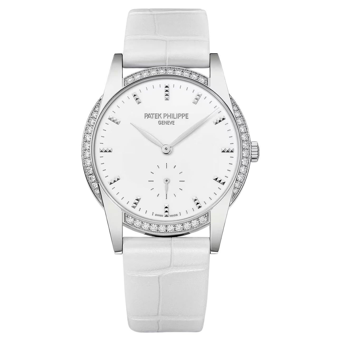 Patek Philippe Calatrava 18K White Gold Diamond Bezel Ladies Watch 7122/200G-001 For Sale