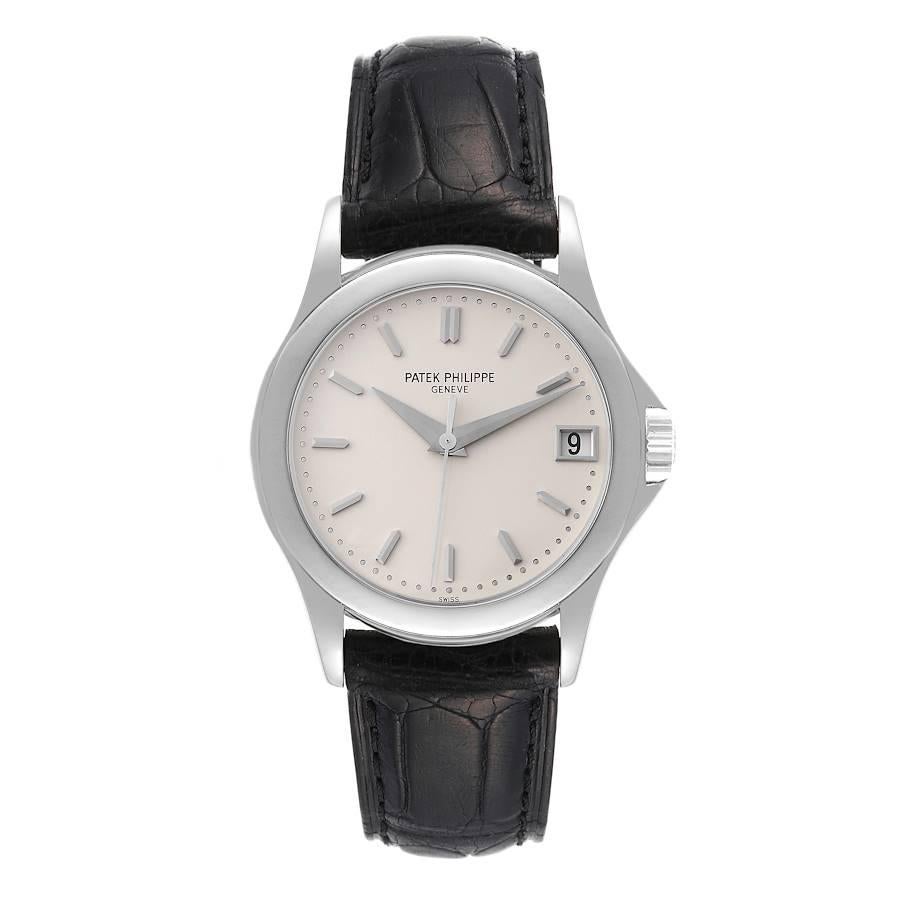 Patek Philippe Calatrava 18k White Gold Silver Dial Mens Watch 5107 Box Papers. Automatic self-winding movement. Rhodium-plated, fausses cotes decoration, straight-line lever escapement, Gyromax balance adjusted to heat, cold, isochronism and 5