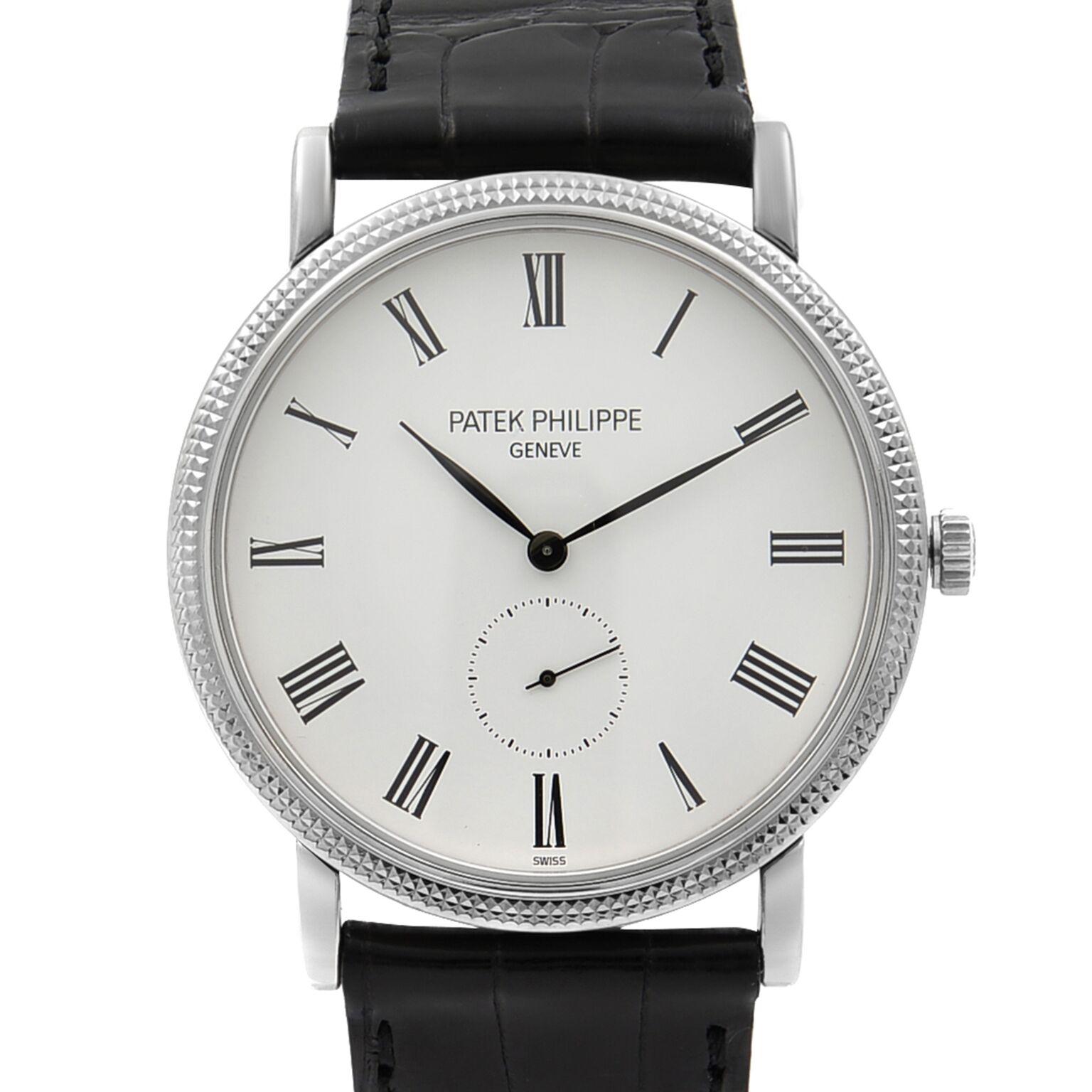 
This pre-owned Patek Philippe Calatrava 5119G-001 is a beautiful men's timepiece that is powered by mechanical (hand-winding) movement which is cased in a white gold case. It has a round shape face,  dial and has hand roman numerals style markers.