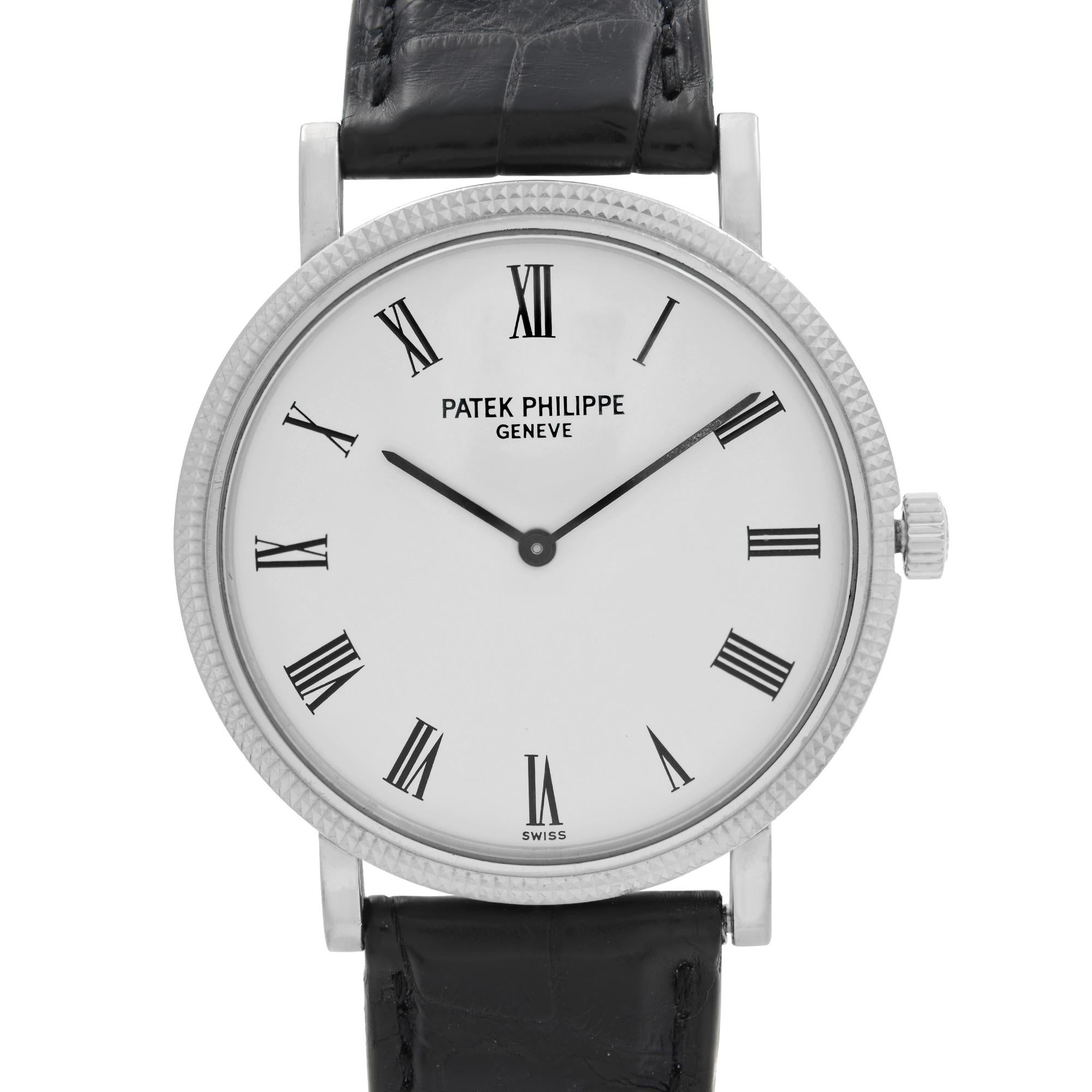 Pre-Owned Patek Philippe Calatrava 35 mm 18k White Gold White Dial Men's Automatic Watch 5120G. The Watch is powered by an Automatic Movement and Features: Polished 18k White Gold Round Case and Two-Piece Leather Strap. Fixed Gold Bezel. White Dial