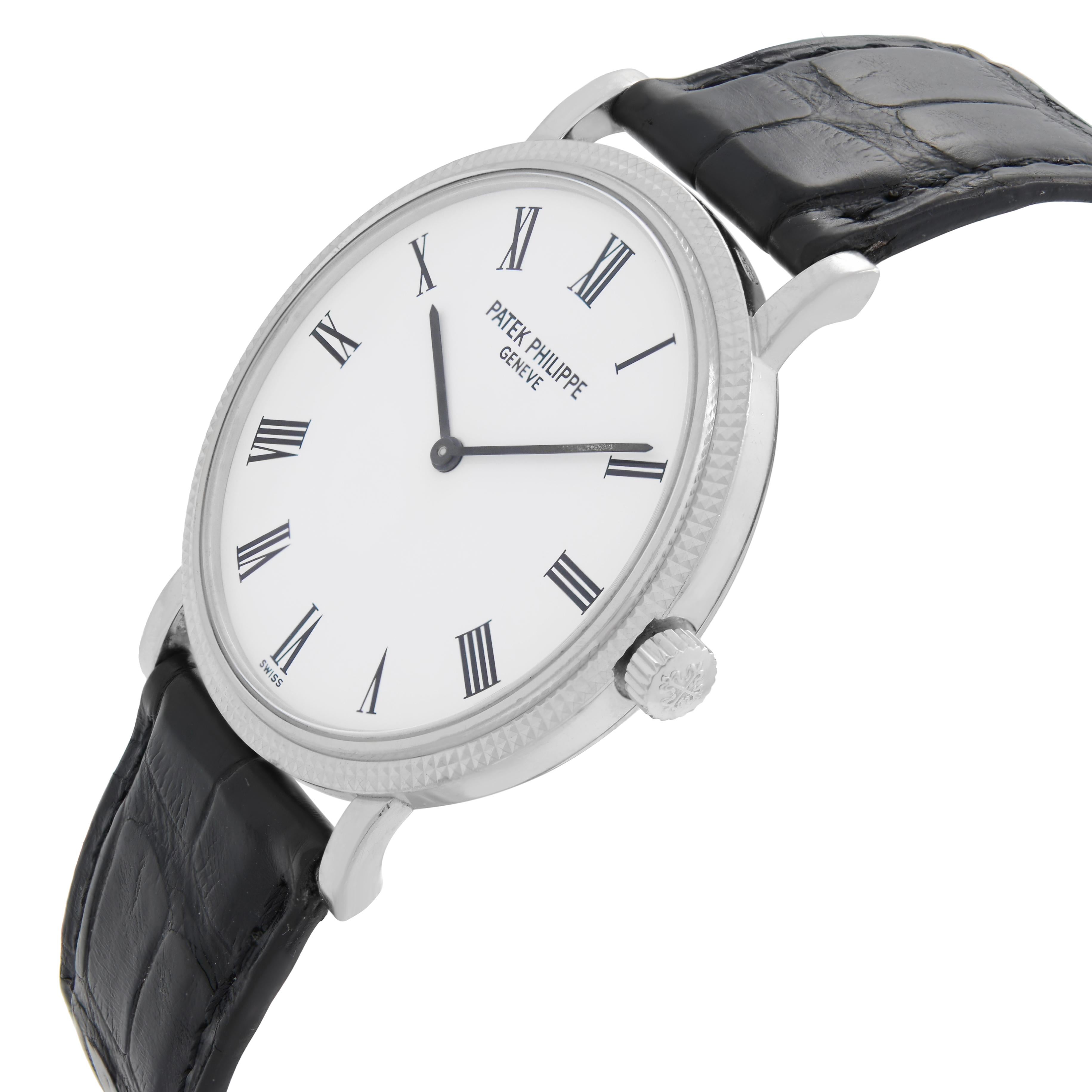 Patek Philippe Calatrava 18k White Gold White Dial Mens Automatic Watch 5120G In Good Condition In New York, NY
