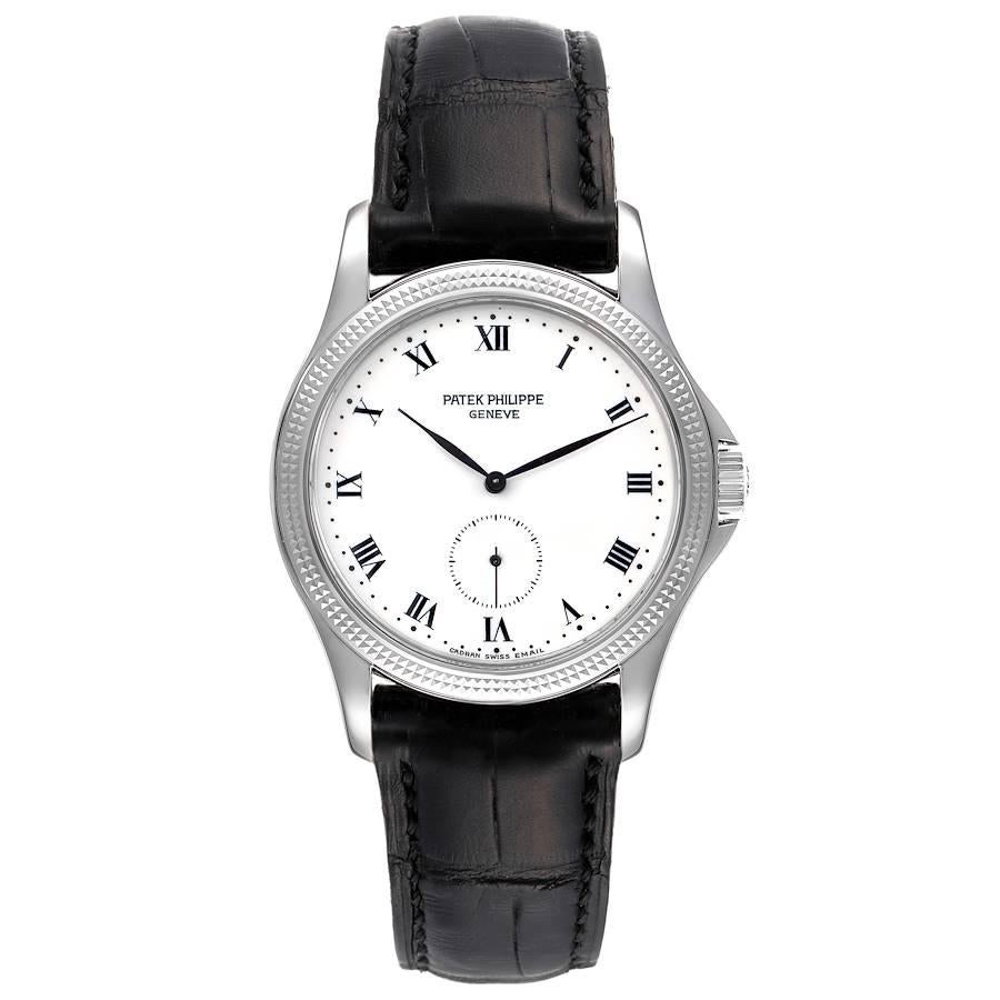 Patek Philippe Calatrava 18k White Gold White Dial Mens Watch 5115. Manual-winding movement. 18k white gold case 35.0 mm in diameter. 18k white gold hobnail bezel. Scratch resistant sapphire crystal. White dial with roman numerals. Small seconds at