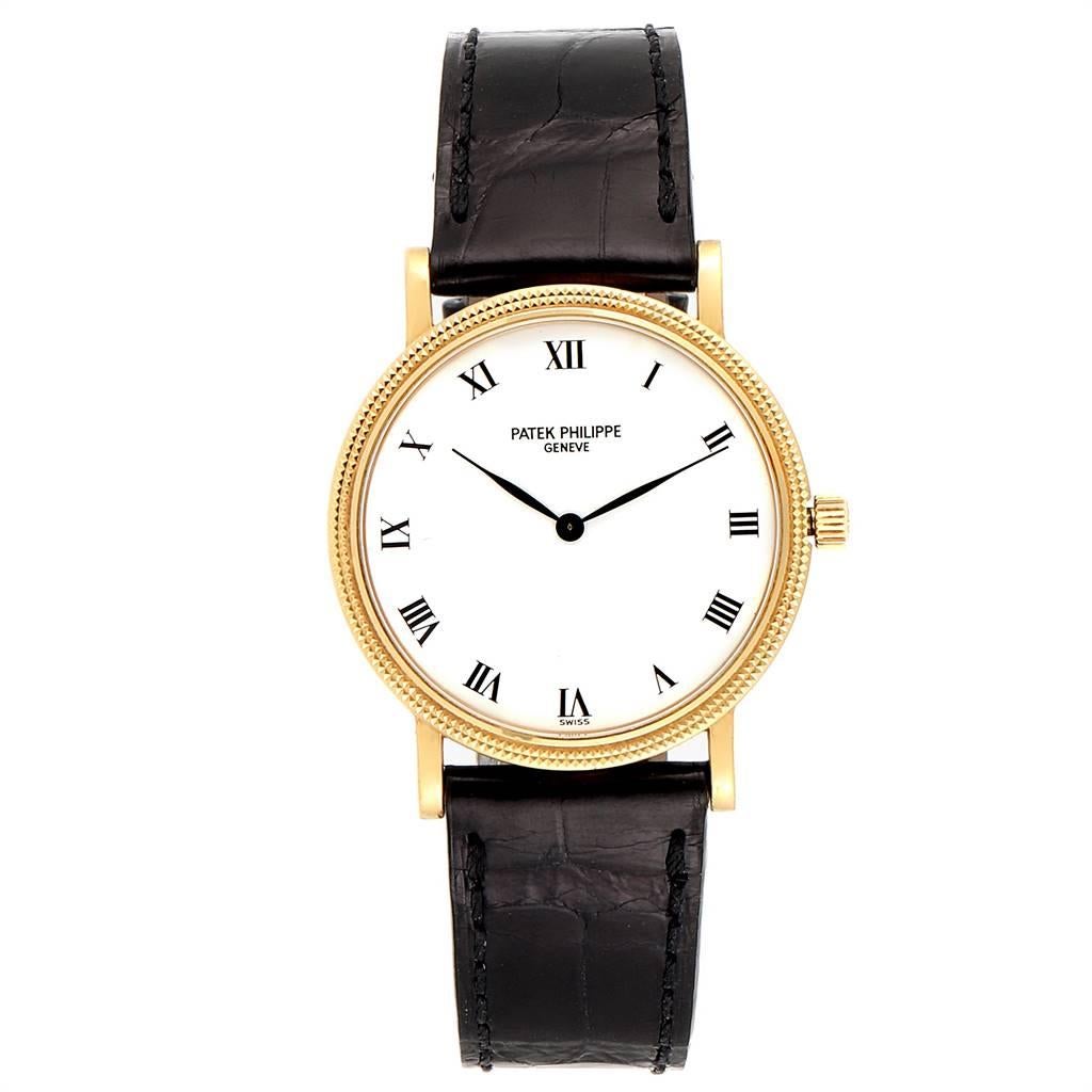 Patek Philippe Calatrava 18K Yellow Gold Automatic Mens Watch 3992. Automatic self-winding movement. Caliber 240, stamped with the Seal of Geneva quality mark, rhodium-plated, fausses cotes decoration, 27 jewels, straight-line lever escapement,