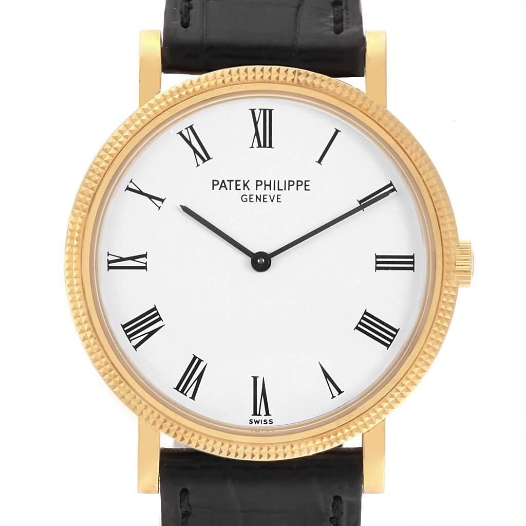 Patek Philippe Calatrava 18K Yellow Gold Automatic Mens Watch 5120. Automatic self-winding movement. Rhodium-plated, fausses cotes decoration, straight-line lever escapement, Gyromax balance adjusted for heat, cold, isochronism and 5 positions,
