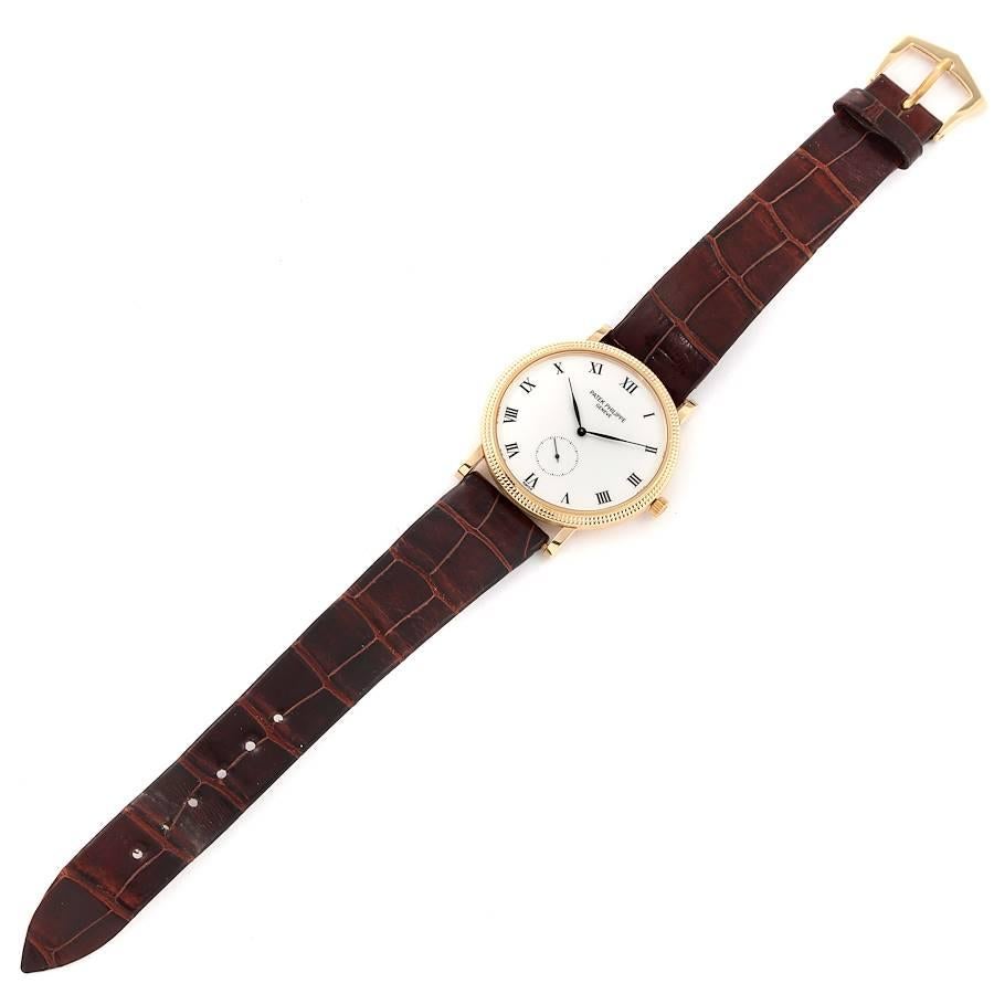 Patek Philippe Calatrava 18k Yellow Gold Brown Strap Mens Watch 3919 3