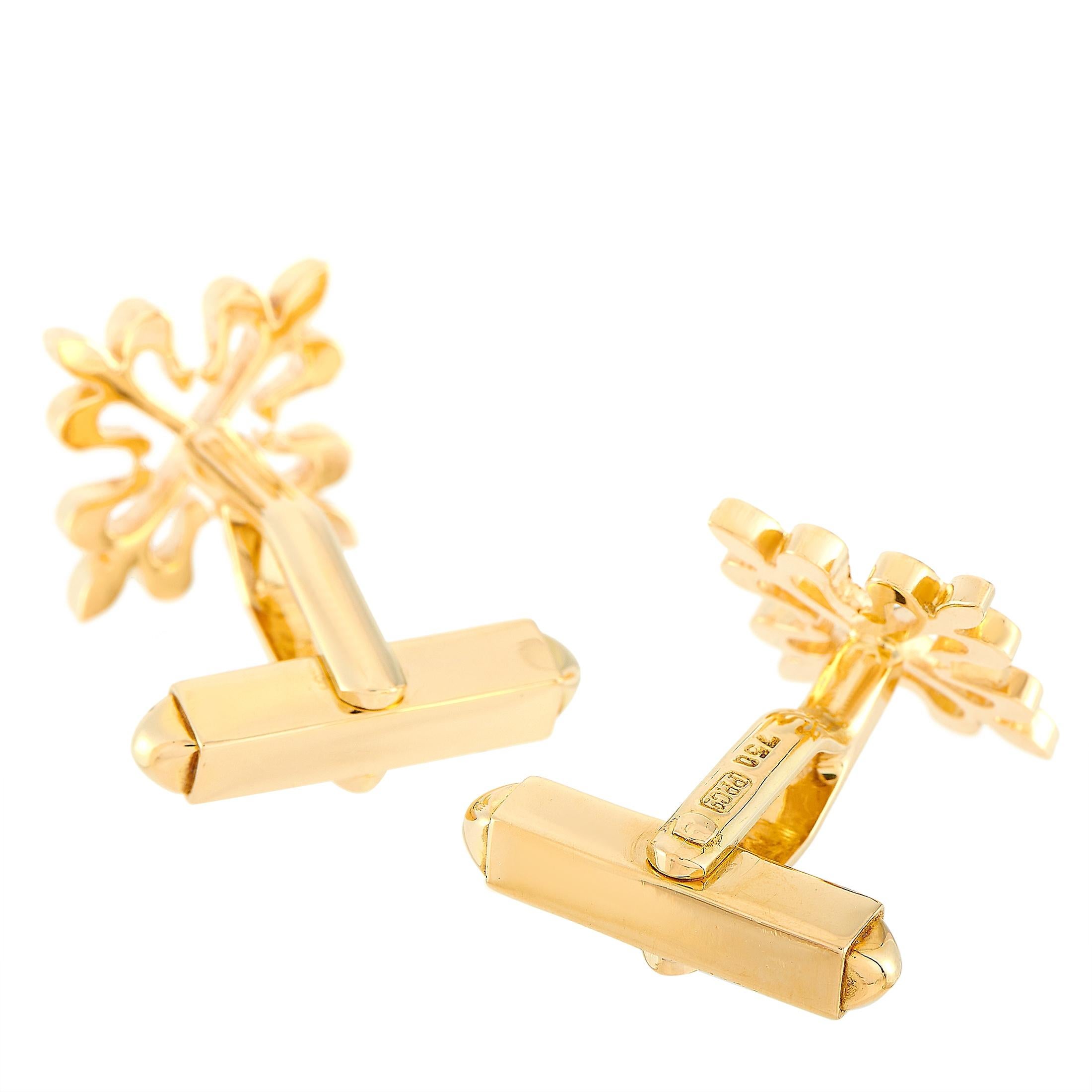 The Patek Philippe “Calatrava” cufflinks are crafted from 18K yellow gold and each of the two weighs 5.6 grams. The cufflinks measure 0.55” in length and 0.55” in width.

The pair is offered in estate condition and includes the manufacturer’s box.