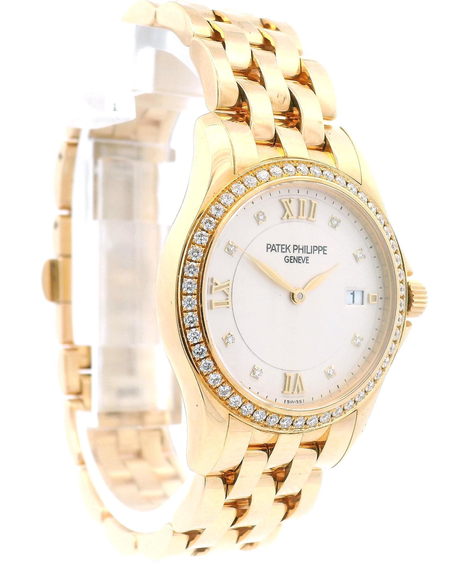 28MM 18k yellow gold case with a yellow gold-tone 18k yellow gold bracelet. Fixed 18k yellow gold diamond set bezel. Ivory dial with gold-tone leaf-style shape hands and Roman numerals, diamonds hour markers. Minute markers around the outer rim.