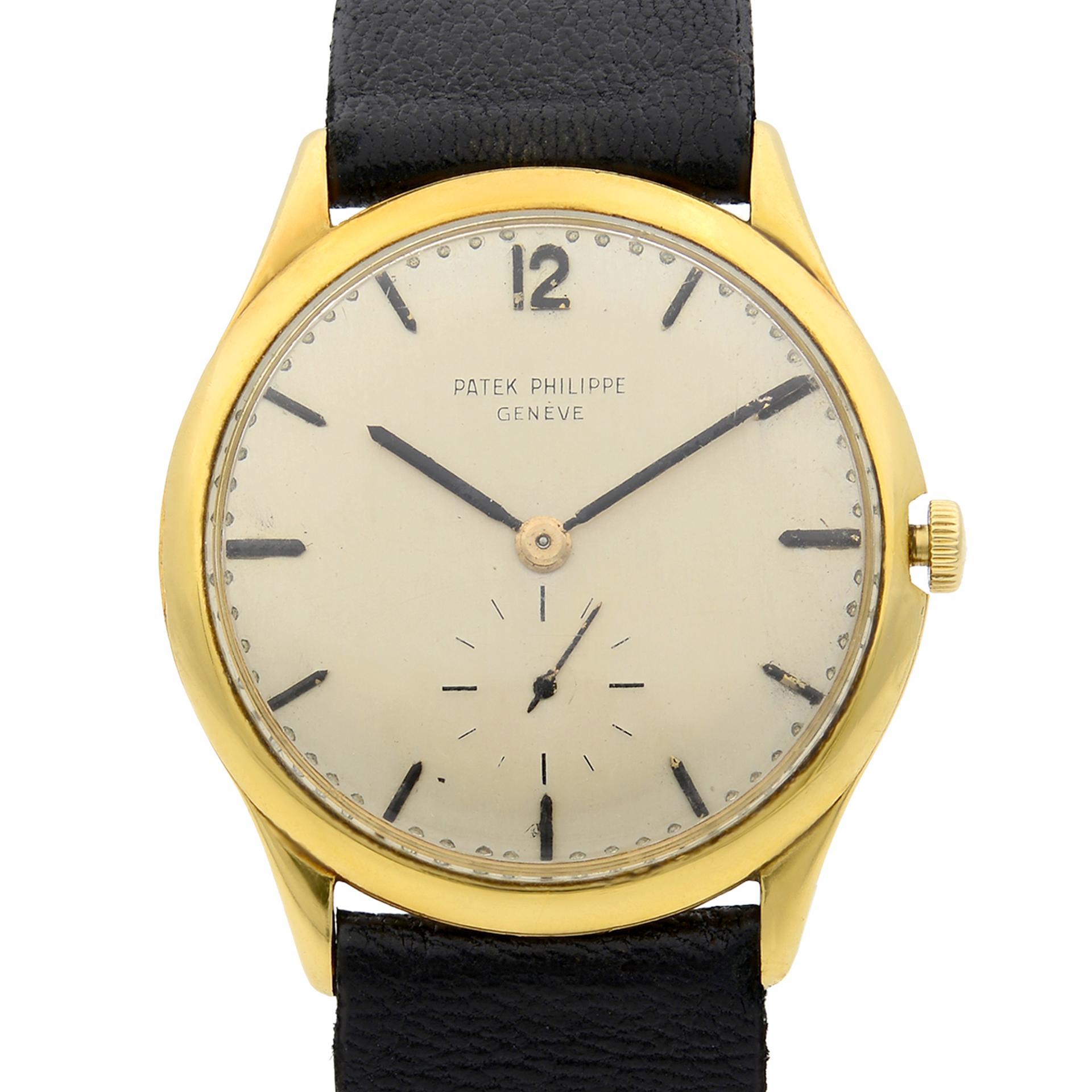 This pre-owned Patek Philippe Calatrava  2557 is a beautiful Unisex timepiece that is powered by mechanical (hand-winding) movement which is cased in a yellow gold case. It has a round shape face, small seconds subdial dial and has hand sticks style
