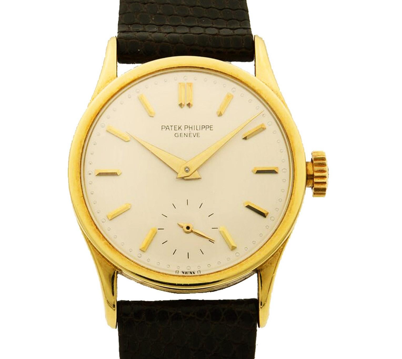 This pre-owned Patek Philippe Calatrava  3796J is a beautiful men's timepiece that is powered by mechanical (hand-winding) movement which is cased in a yellow gold case. It has a round shape face,  dial and has hand sticks style markers. It is
