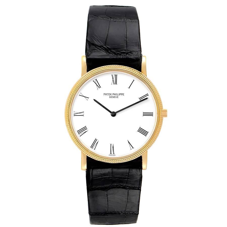 Patek Philippe Calatrava 18k Yellow Gold Mens Watch 3520 Papers. Manual-winding movement. Rhodium-plated, fausses cotes decoration, straight-line lever escapement, Gyromax balance adjusted to heat, cold, isochronism and 5 positions, shock absorber,