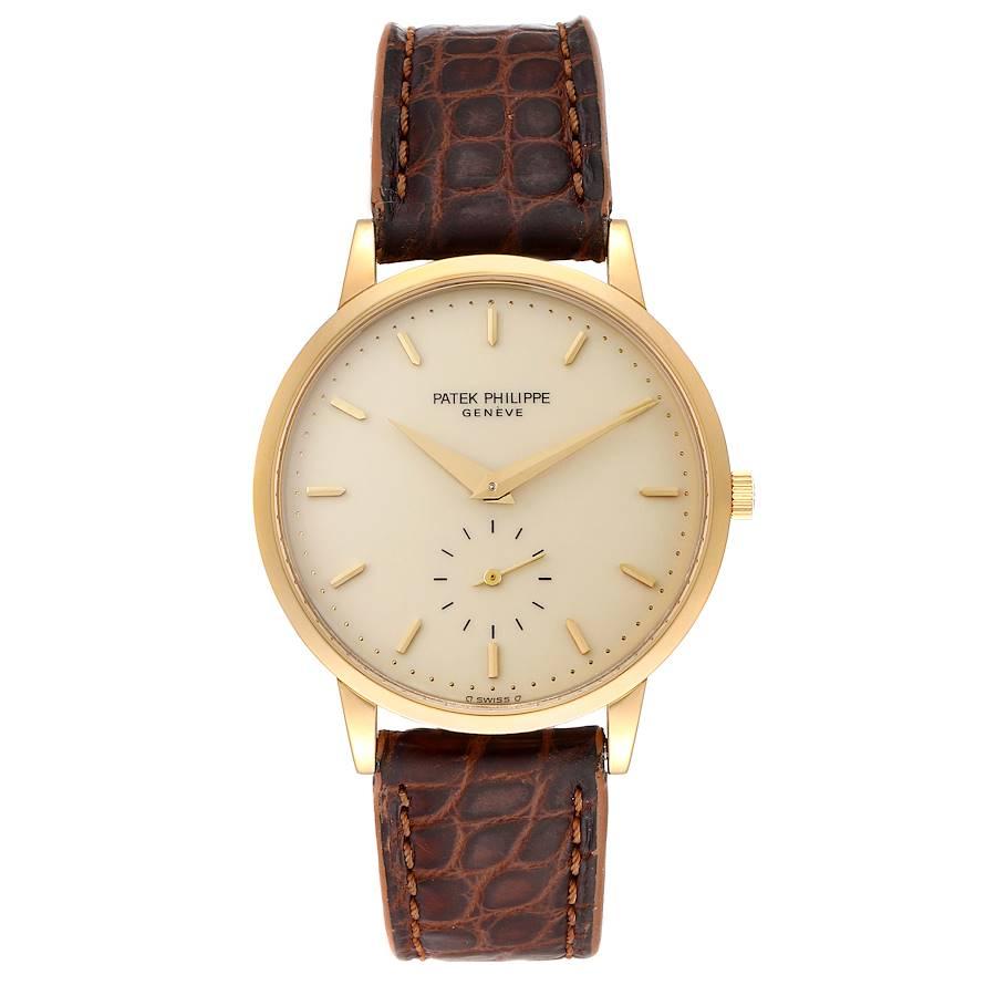 Patek Philippe Calatrava 18k Gelbgold Porzellan Zifferblatt Herrenuhr 3893. Uhrwerk mit Handaufzug. Rhodiniert, 