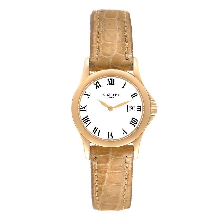 Patek Philippe Calatrava 18k Yellow Gold White Dial Ladies Watch 4906. Quartz movement. 18k yellow gold case 28.0 mm in diameter. 18k yellow gold rounded smooth bezel. Scratch resistant sapphire crystal. White dial with radial roman numerals. Yellow