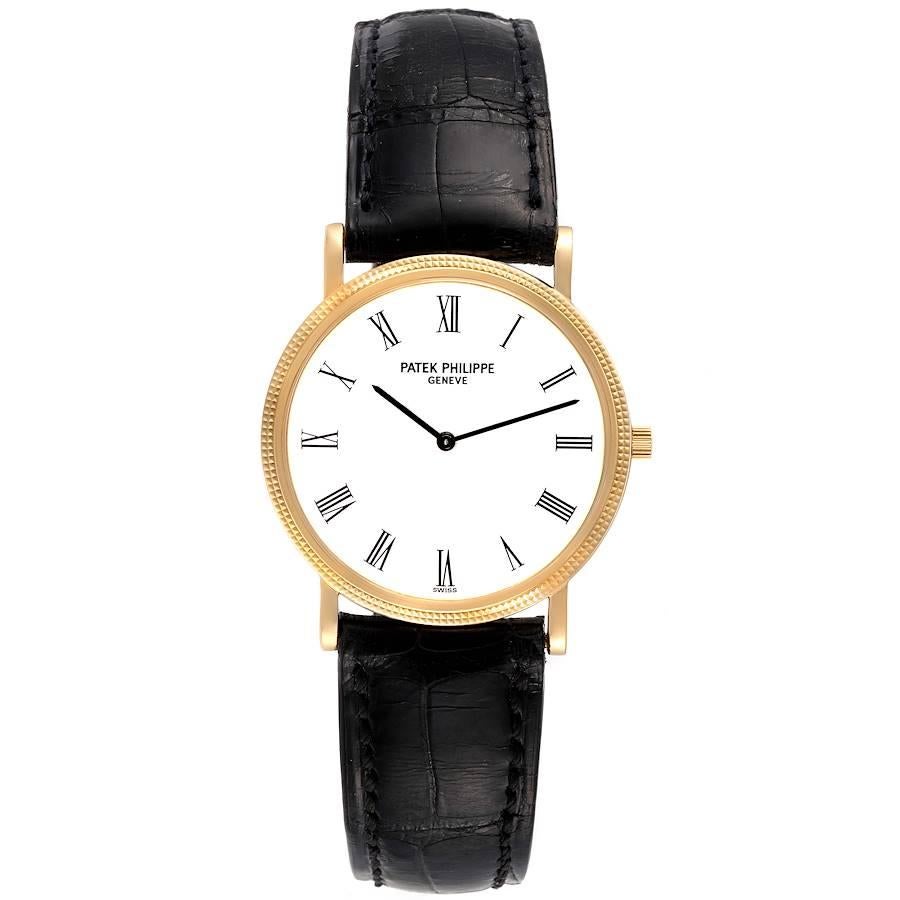 Patek Philippe Calatrava 18k Yellow Gold White Dial Mens Watch 3520. Manual-winding movement. Rhodium-plated, fausses cotes decoration, straight-line lever escapement, Gyromax balance adjusted to heat, cold, isochronism and 5 positions, shock