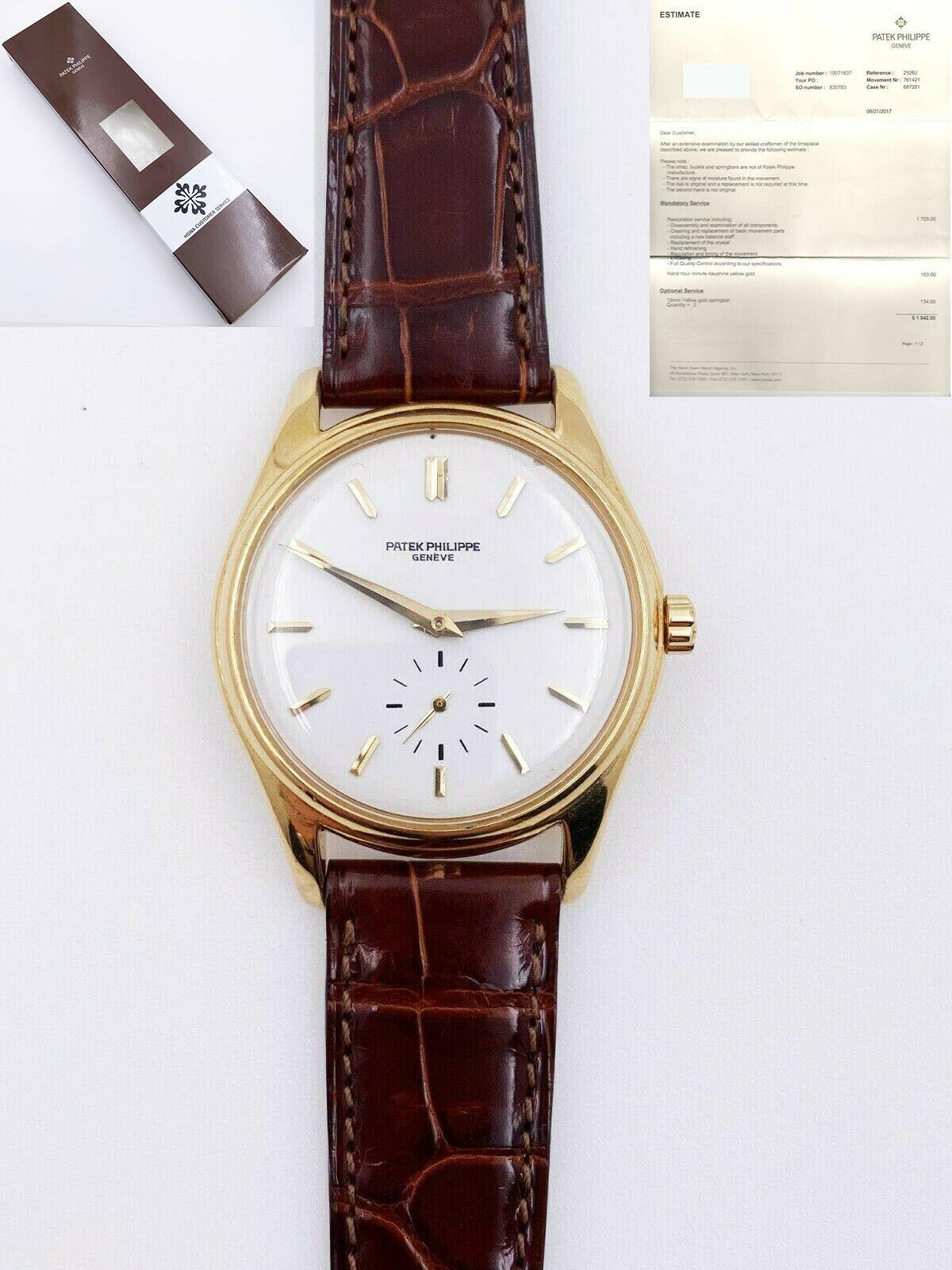 Reference Number: 2526J

Year: Estimated the 1950's

Model: Calatrava

Case Material: 18K Yellow Gold

Band: Brown Leather, Brand New Band

Bezel: 18K Yellow Gold

Dial: White

Face: Sapphire Crystal

Case Size: 38mm

Includes: 
-Patek Service Box &