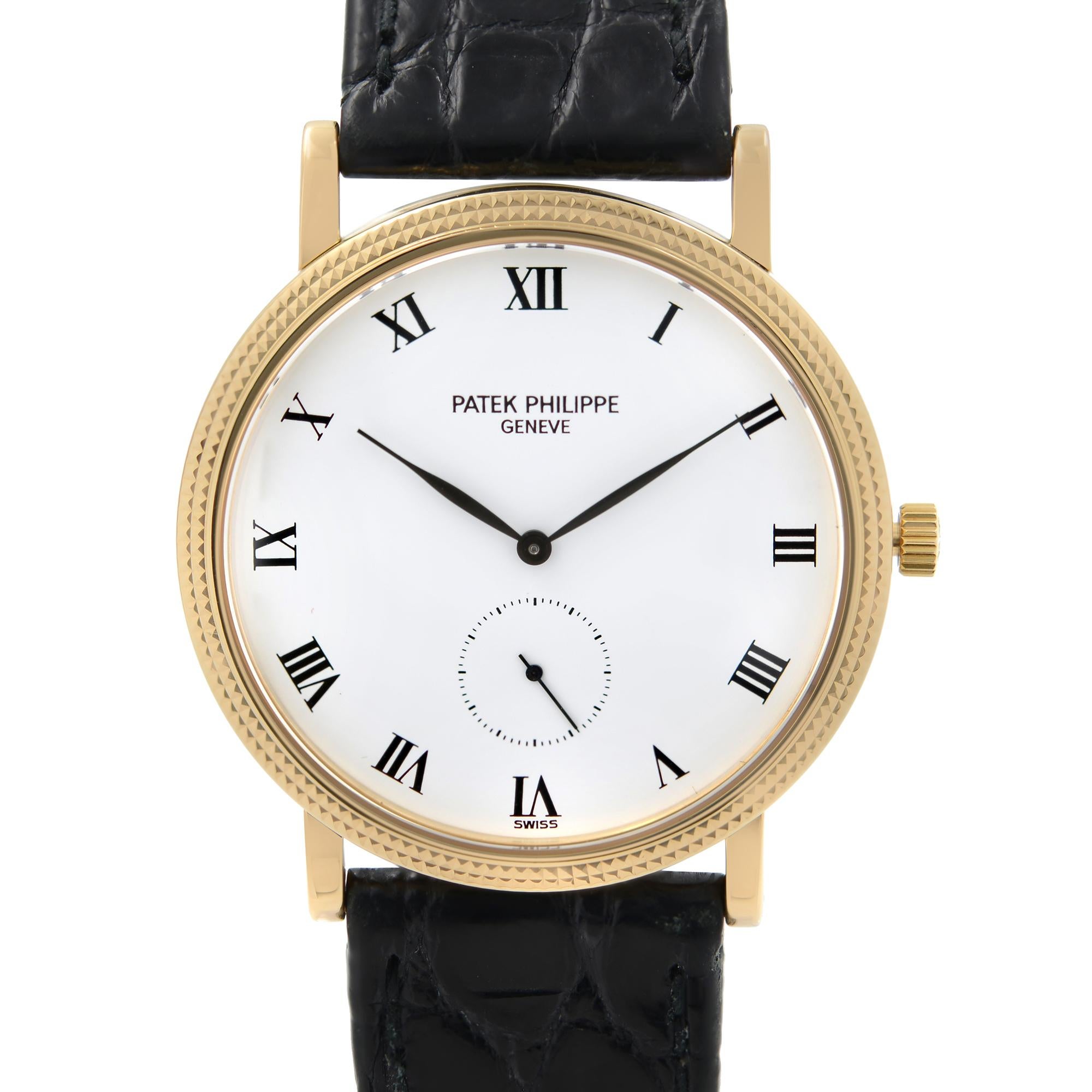 Pre-owned Model Patek Philippe Calatrava Crocodile Skin Strap White Dial Men's Watch 3919J This Beautiful Timepiece is Powered By Hand-Wind (Mechanical) Movement and Features: Gold Case with Black Crocodile Strap, Fixed Matte Carbotech Bezel, White