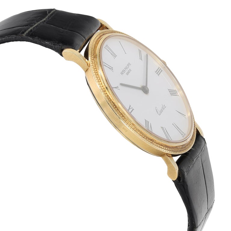 Men's Patek Philippe Calatrava 33mm 18k Gold White Dial Mens Quartz Watch 3744J For Sale