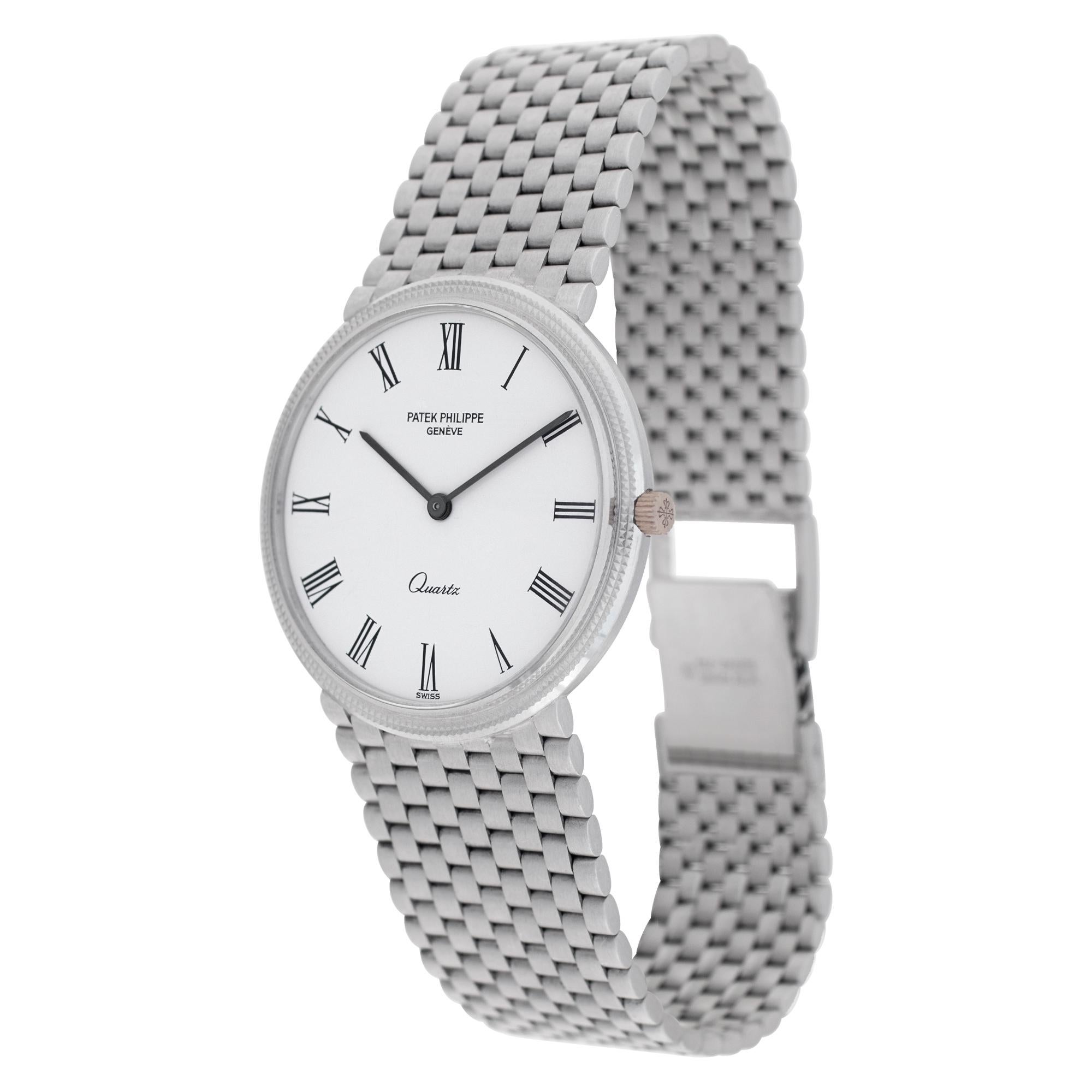 Patek Philippe Calatrava in 18k white gold with hobnail bezel. Quartz. 33 mm case size. Fits 7.25 inches. Ref 3744. Fine Pre-owned Patek Philippe Watch. Certified preowned Classic Patek Philippe Calatrava 3744 watch is made out of white gold on a