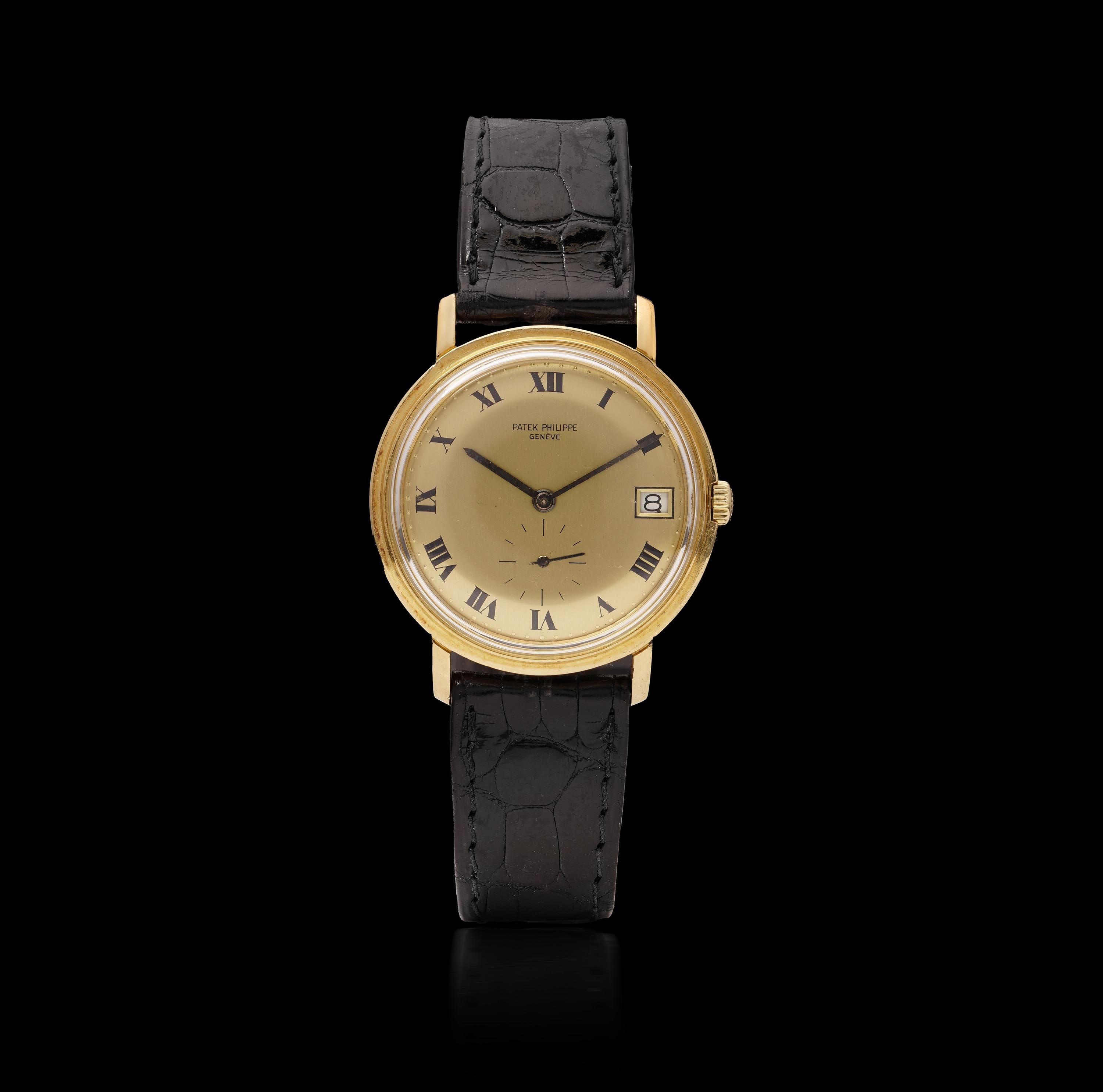 A distinguished vintage Patek Philippe Reference 3445 wristwatch, crafted in 18kt yellow gold and accompanied by its original leather strap. This classic automatic dress watch features a 32mm dial with painted Roman numerals and an external beaded