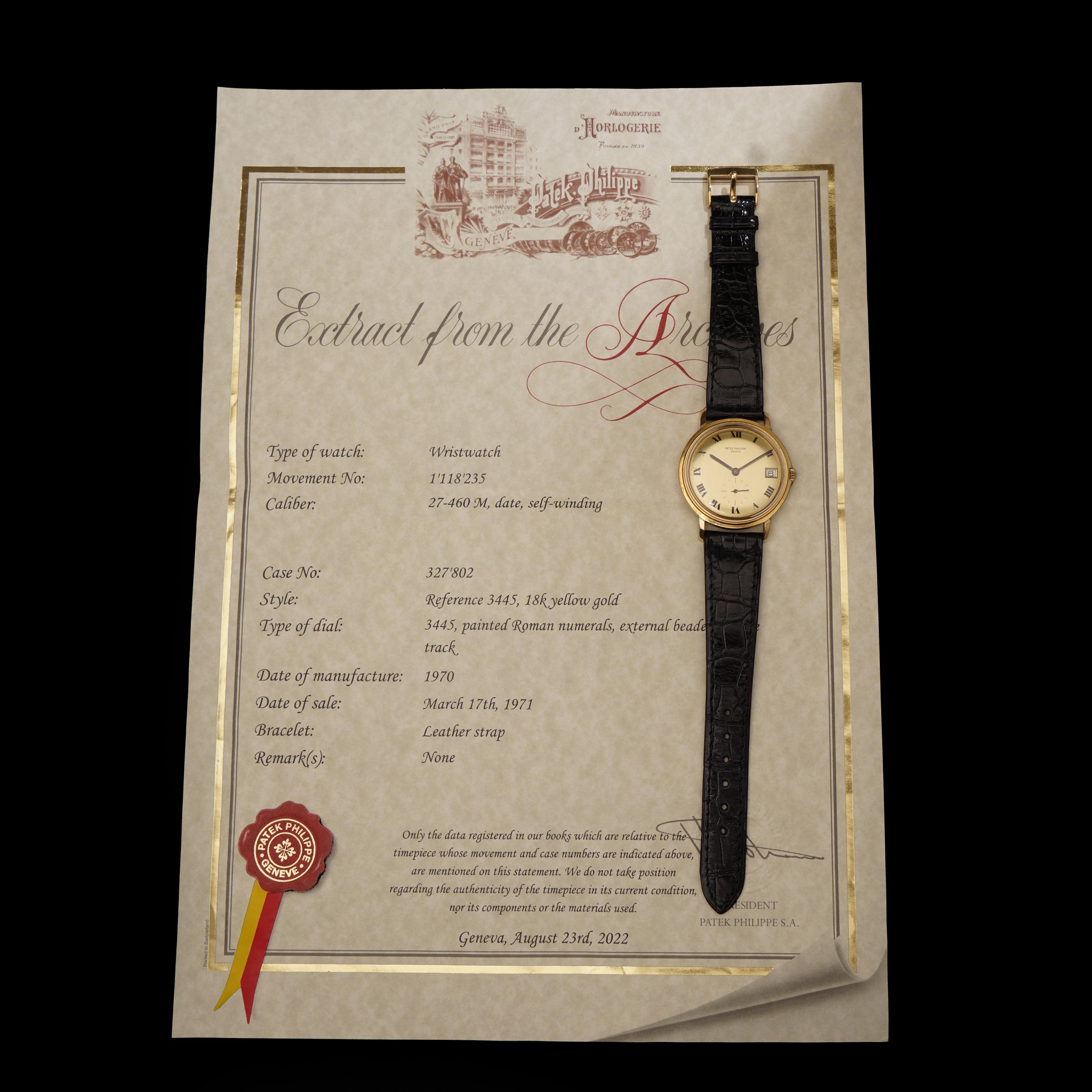Patek Philippe - Calatrava - 3445 - 1971 - 18KT Gold Automatic, with papers. In Good Condition For Sale In Braintree, GB