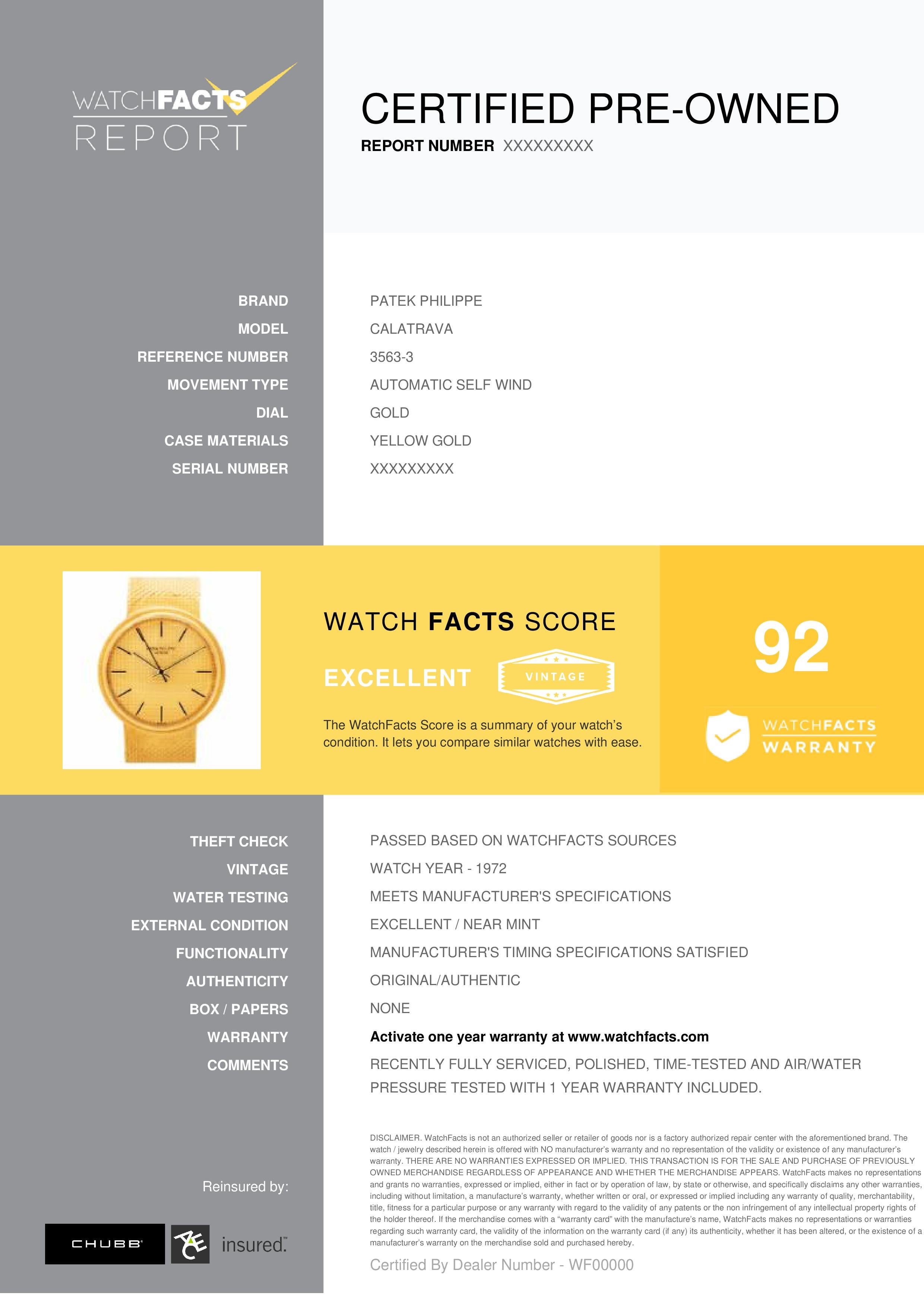 Patek Philippe Calatrava Referenz #: 3563-3. Herren-Automatikuhr Gelbgold Gold 34 MM. Geprüft und zertifiziert von WatchFacts. 1 Jahr Garantie:: angeboten von WatchFacts