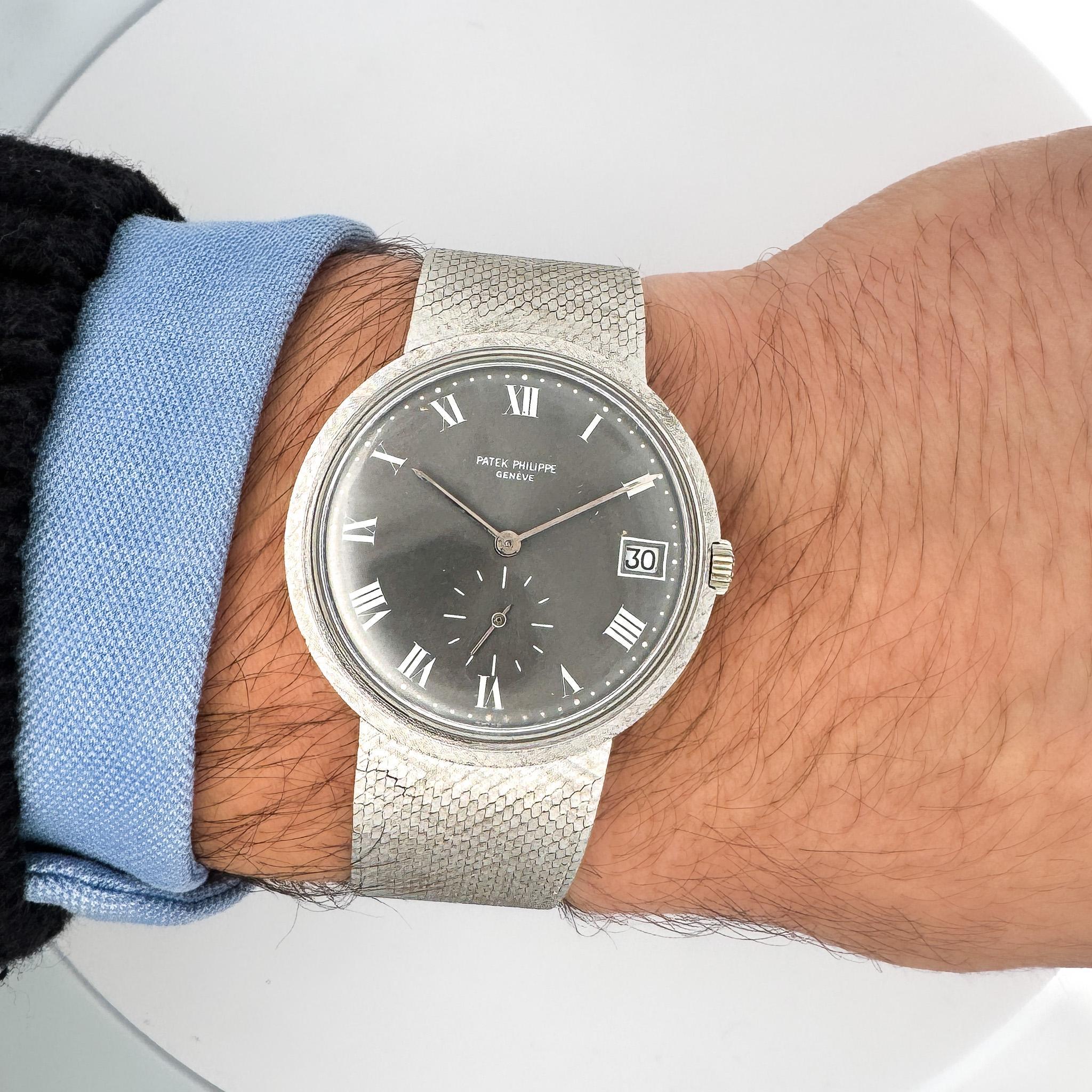 Art Deco Patek Philippe Calatrava 35MM 18K White Gold Mesh Bracelet Gray Dial Watch For Sale