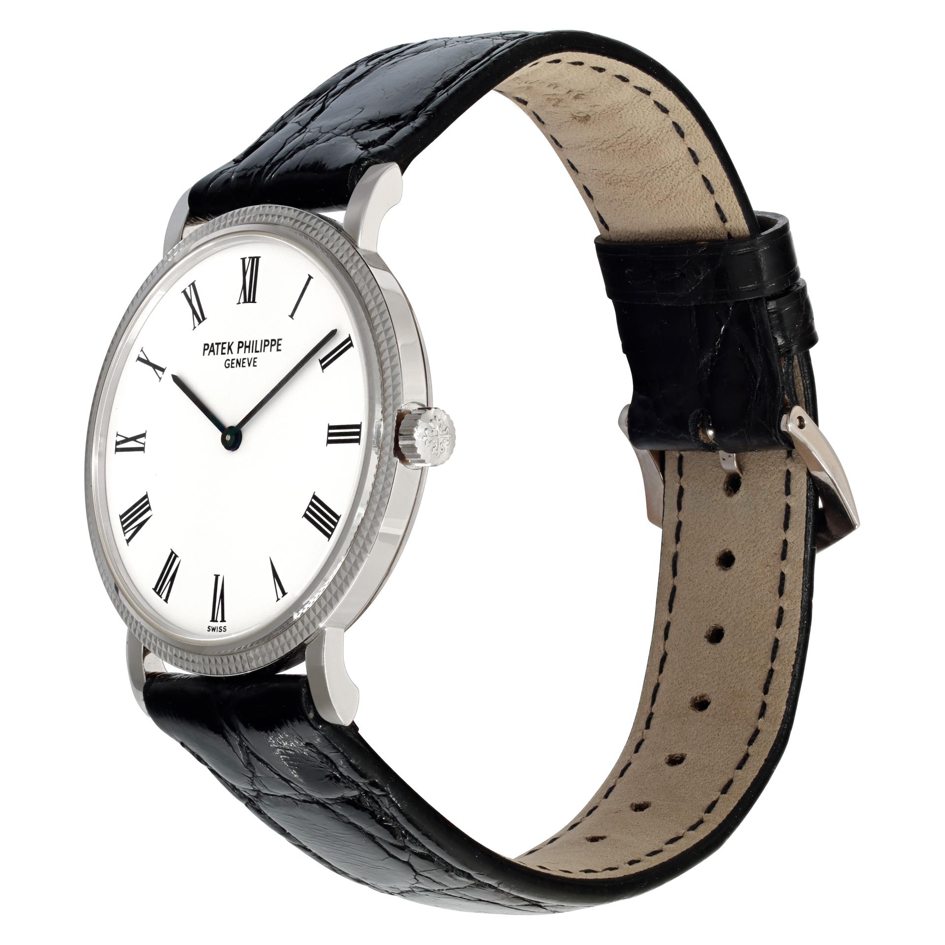 Patek Philippe Calatrava in 18k white gold on black crocodile strap with original PP 18k white gold tang buckle. Auto. 35 mm case size. With papers. Ref 5120g. Fine Pre-owned Patek Philippe Watch.

 Certified preowned Classic Patek Philippe