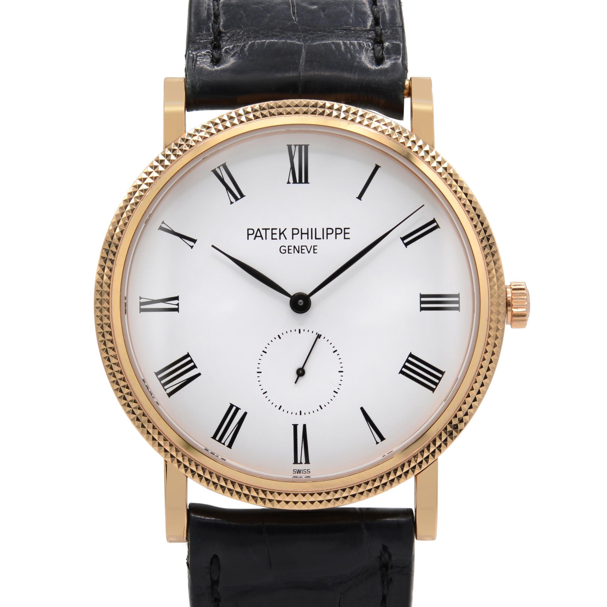 Diese Pre-owned Patek Philippe Calatrava  5119R-001 ist ein schöner Herrenzeitmesser, der von einem mechanischen Uhrwerk (Handaufzug) angetrieben wird und ein Gehäuse aus Roségold besitzt. Naben-Nagel-Lünette. Es hat eine runde Form Gesicht, kleine