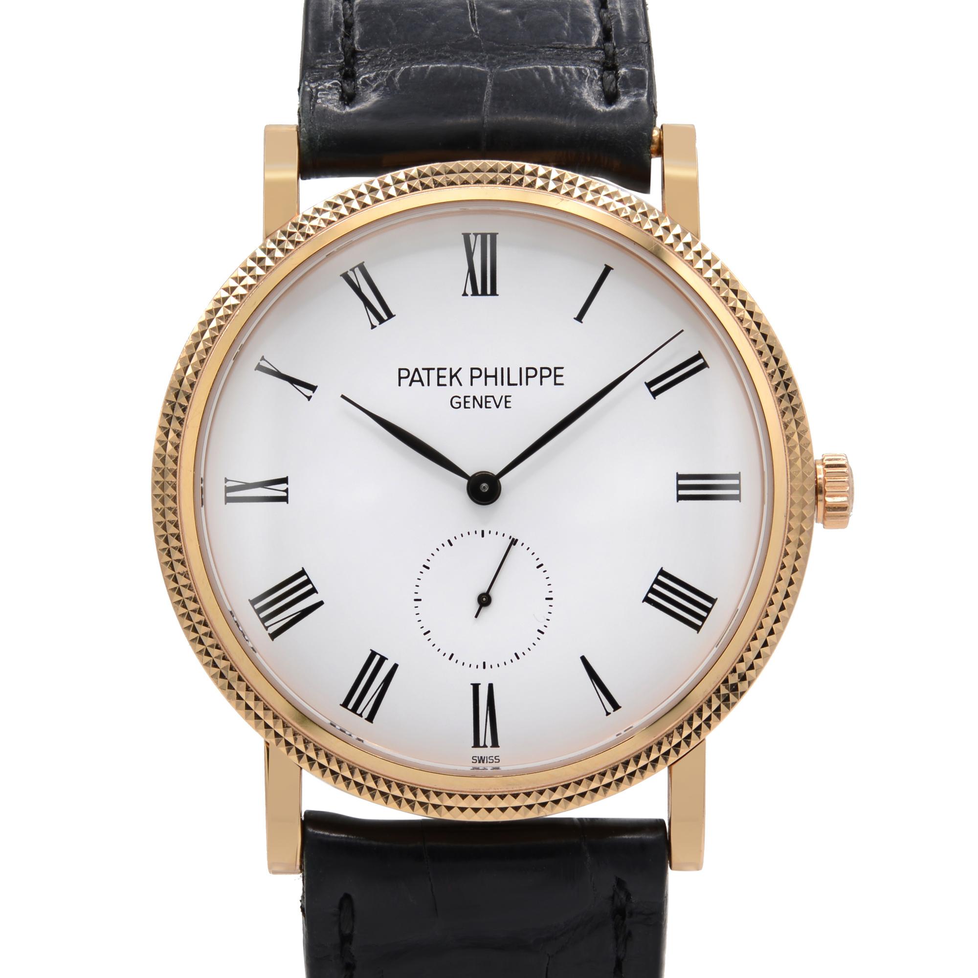 This Pre-owned Patek Philippe Calatrava  5119R-001 is a beautiful men's timepiece that is powered by mechanical (hand-winding) movement and is cased in a rose gold case. Hub-nail Bezel. It has a round shape face, small seconds subdial dial and has