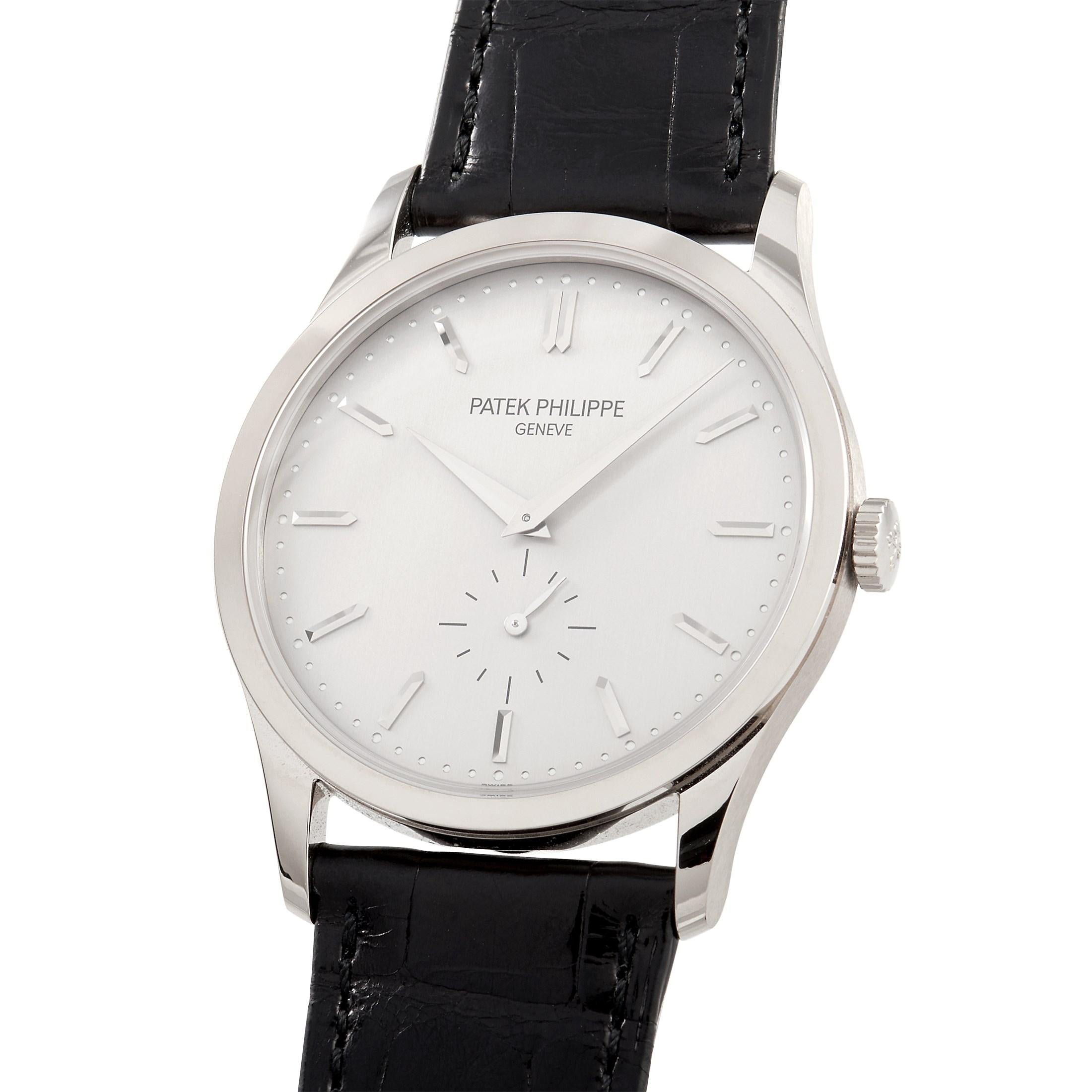 The Patek Philippe Calatrava Men’s Watch, reference number 5196G-001, possesses a sleek sense of sophistication that will never go out of style. 

This timepiece’s 37mm case is crafted from luxurious 18K White Gold, which perfectly complements the