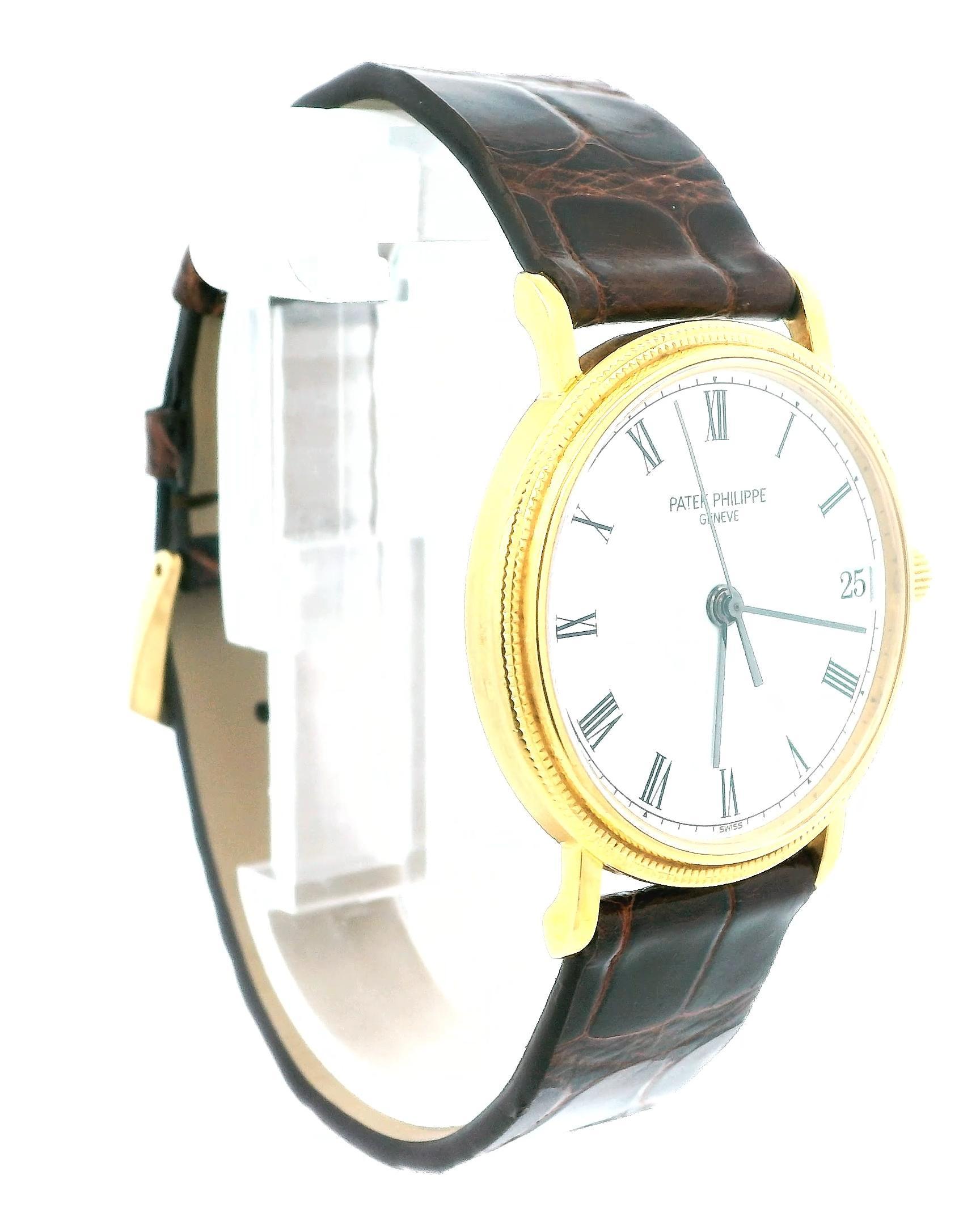 The Patek Philippe Calatrava 3802J is a stunning timepiece that exemplifies the brand's commitment to timeless elegance and exceptional craftsmanship. Featuring a classic round case made of 18K yellow gold with a diameter of 33 to 34 mm, it boasts a